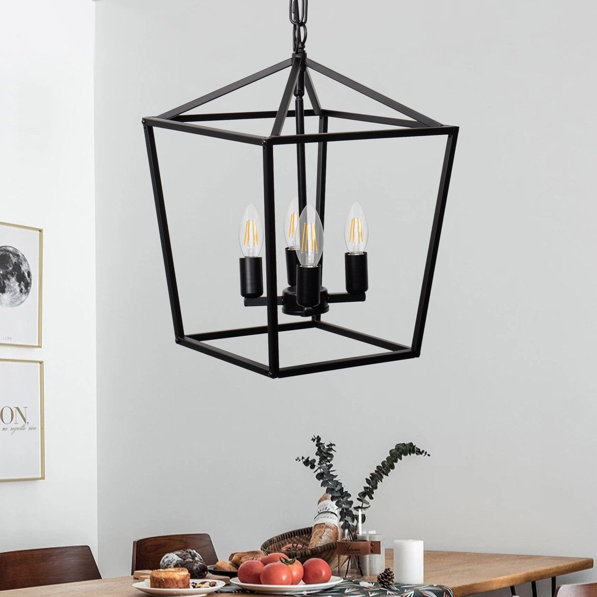 YANSUN 1-Light Farmhouse Black Kitchen Island Pendant Light, Industrial Lantern Chandelier Lighting for Dinning Room Hallway