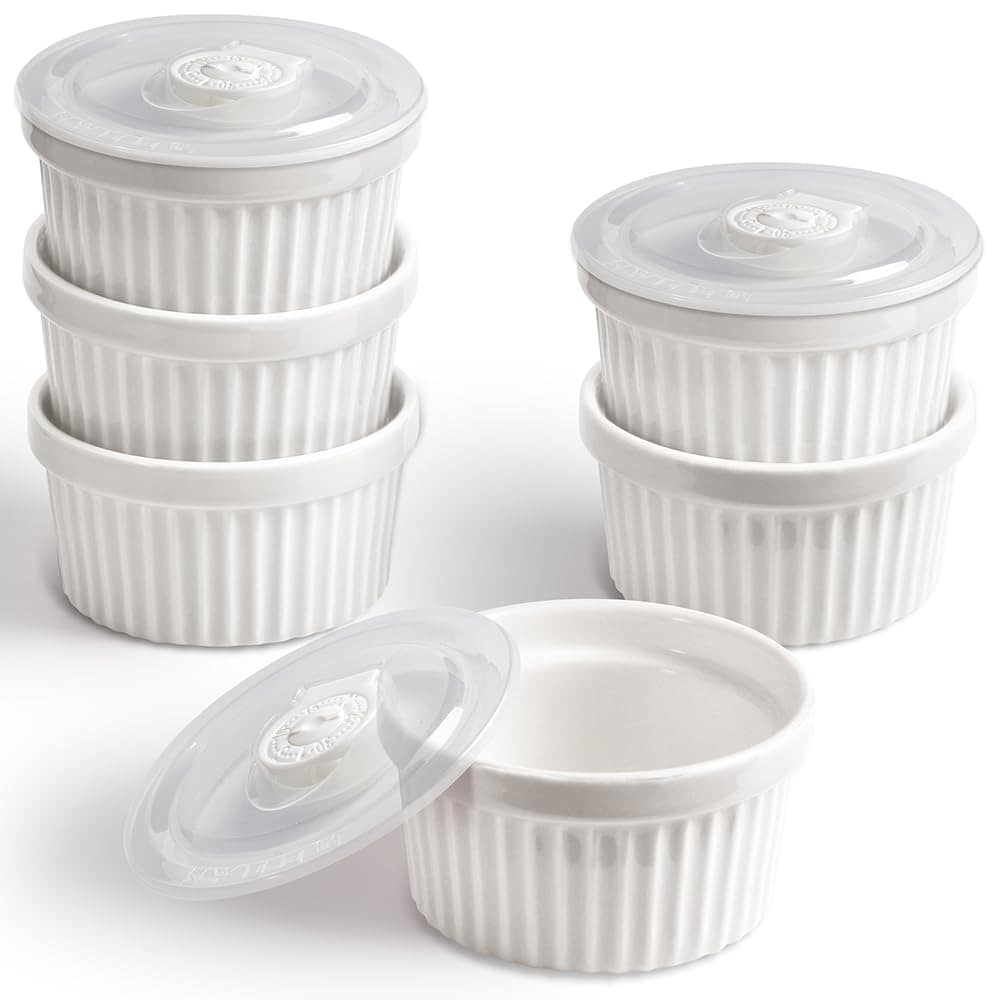 Yichuhaoxi  Porcelain Ramekins with Lids Set of 6 White 8 Ounce Baking Cups for Souffle Creme Brulee Ice Cream Bowls Stackable Dishwasher Safe