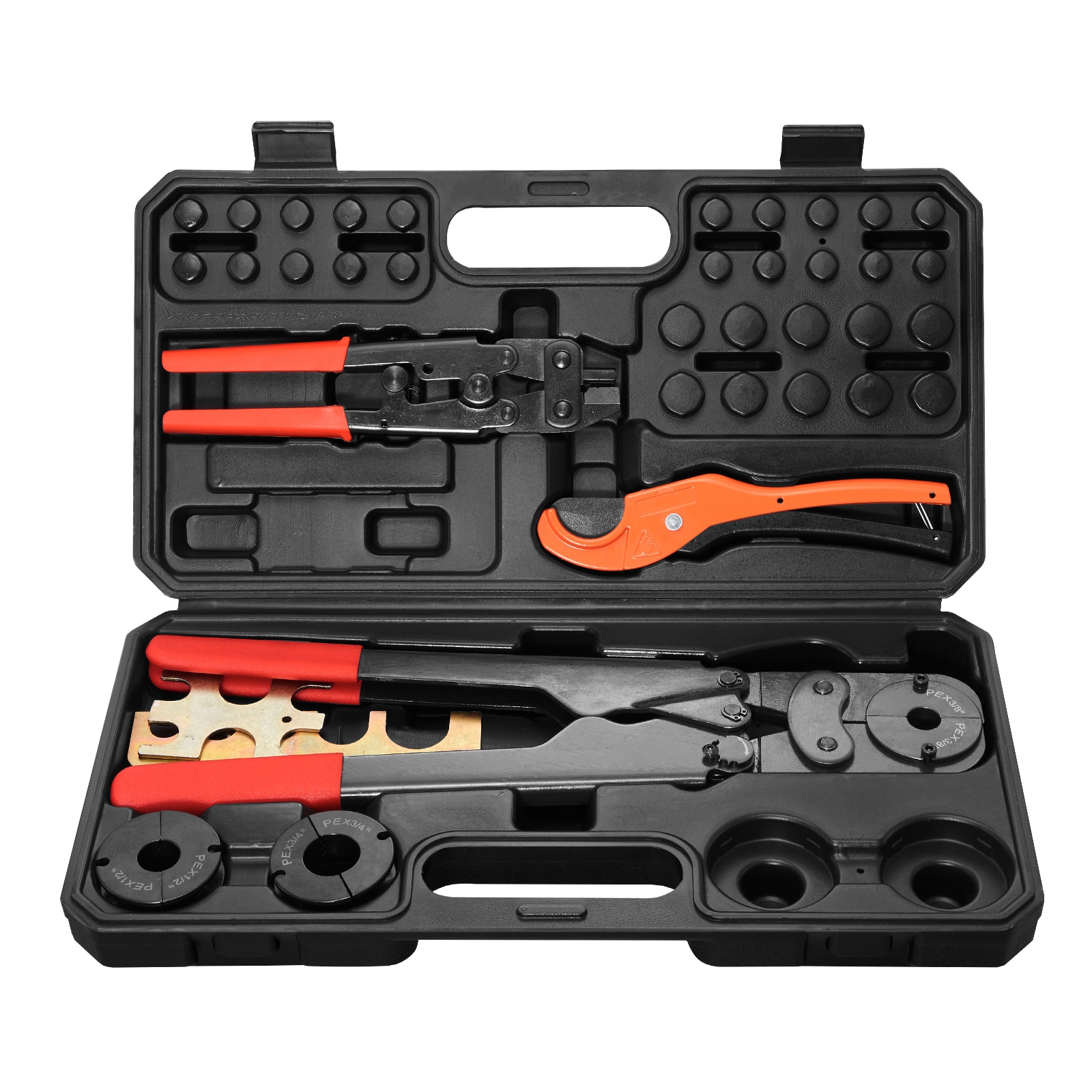 VEVOR SCSDSYPEX38101702V0 PEX Pipe Crimping Tool Kit  Pro Press Crimper for 3/8in  1/2in  3/4in  1in Crimp Rings  with 3 Jaw Dies  PEX Tubing Cutter  Go/No-Go Gauge  Copper Ring Removal Tool  Meets ASTM F1807 Standards