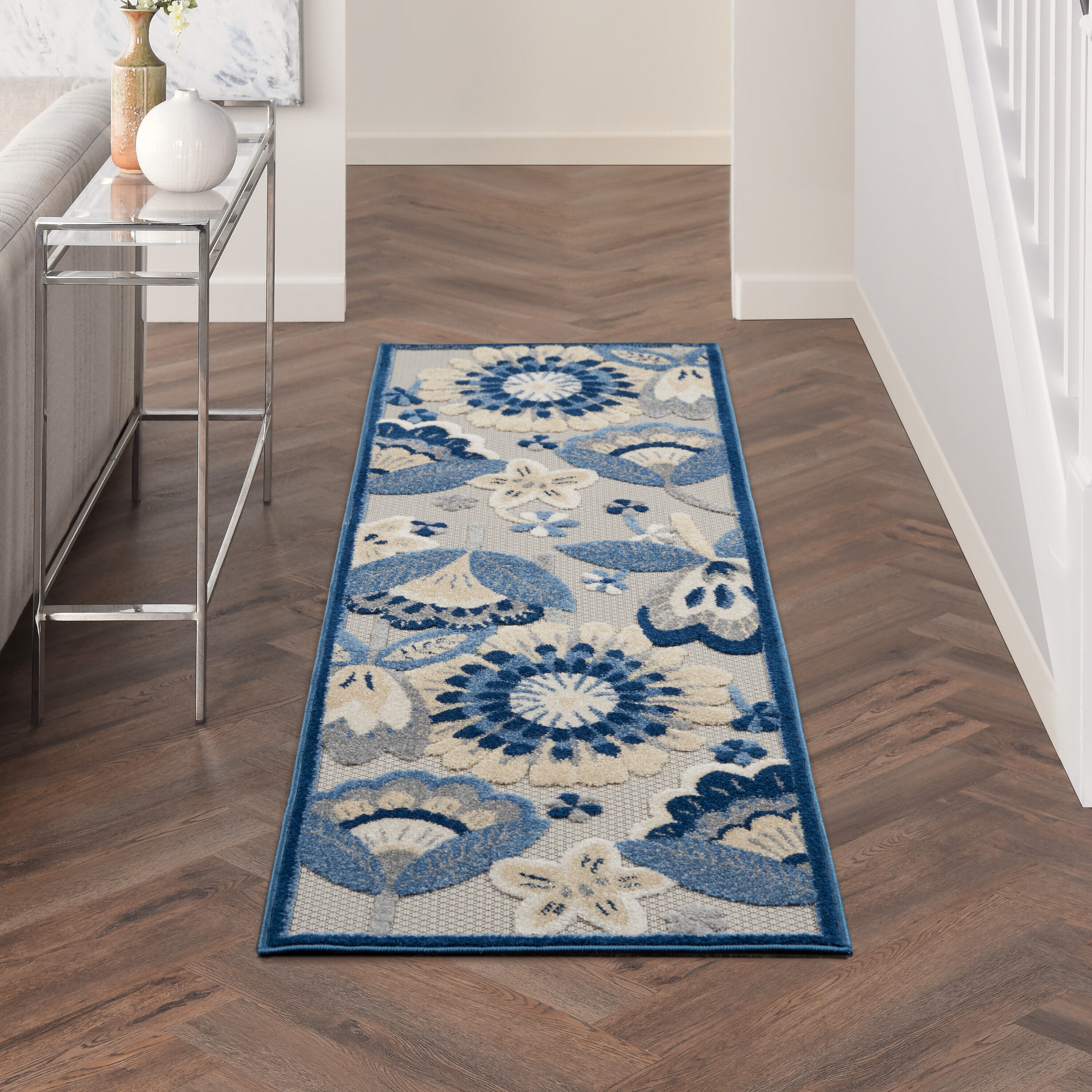 Nourison 99446828804 Aloha 2 x 6 (ft) Loomed Polypropylene Blue/Grey Rectangular Indoor/Outdoor Floral/Botanical Runner rug
