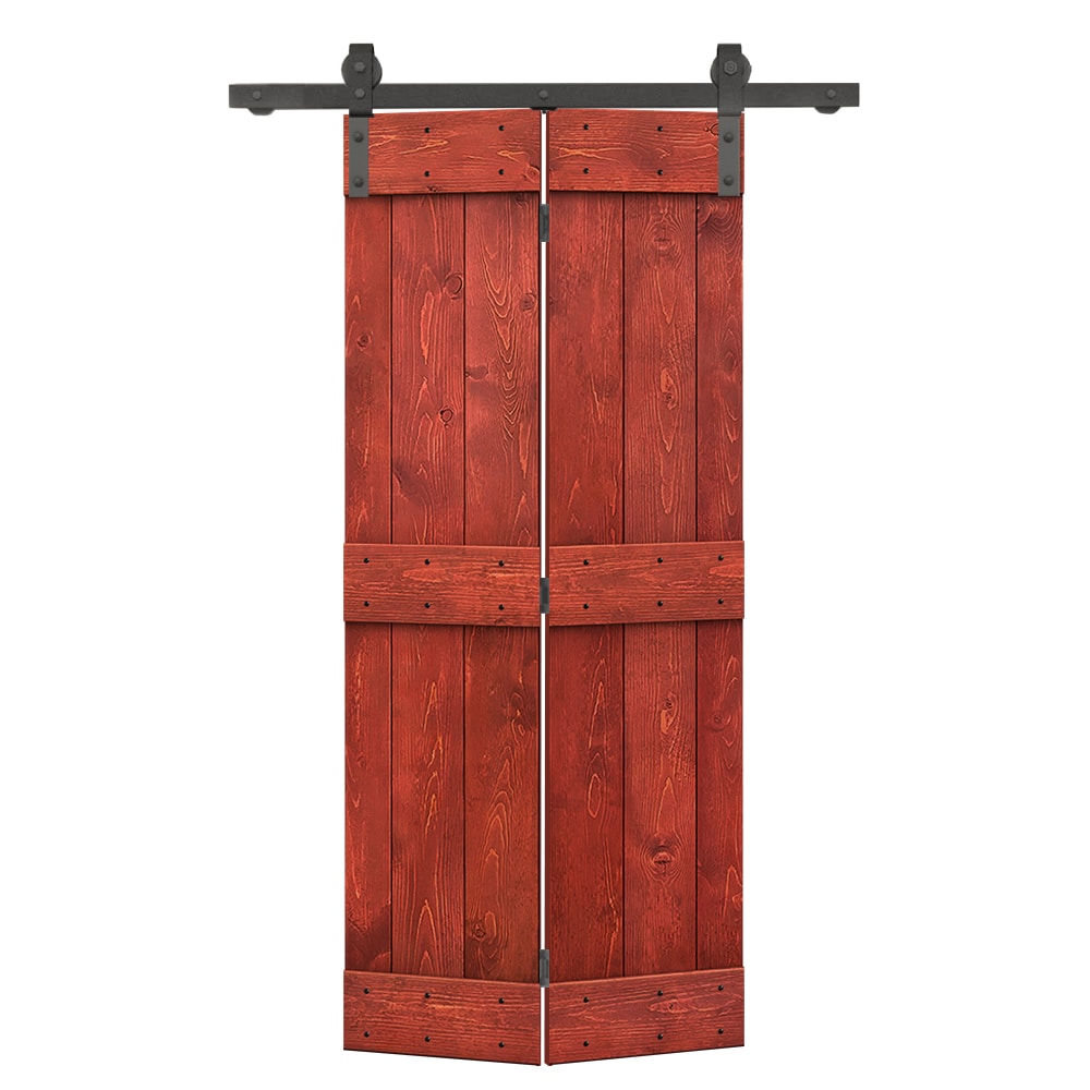 CALHOME BF1100S+03-24H 24-in x 84-in Cherry Red Mid-Bar Pine Wood Solid core Single bifold Barn Door (Hardware Included)