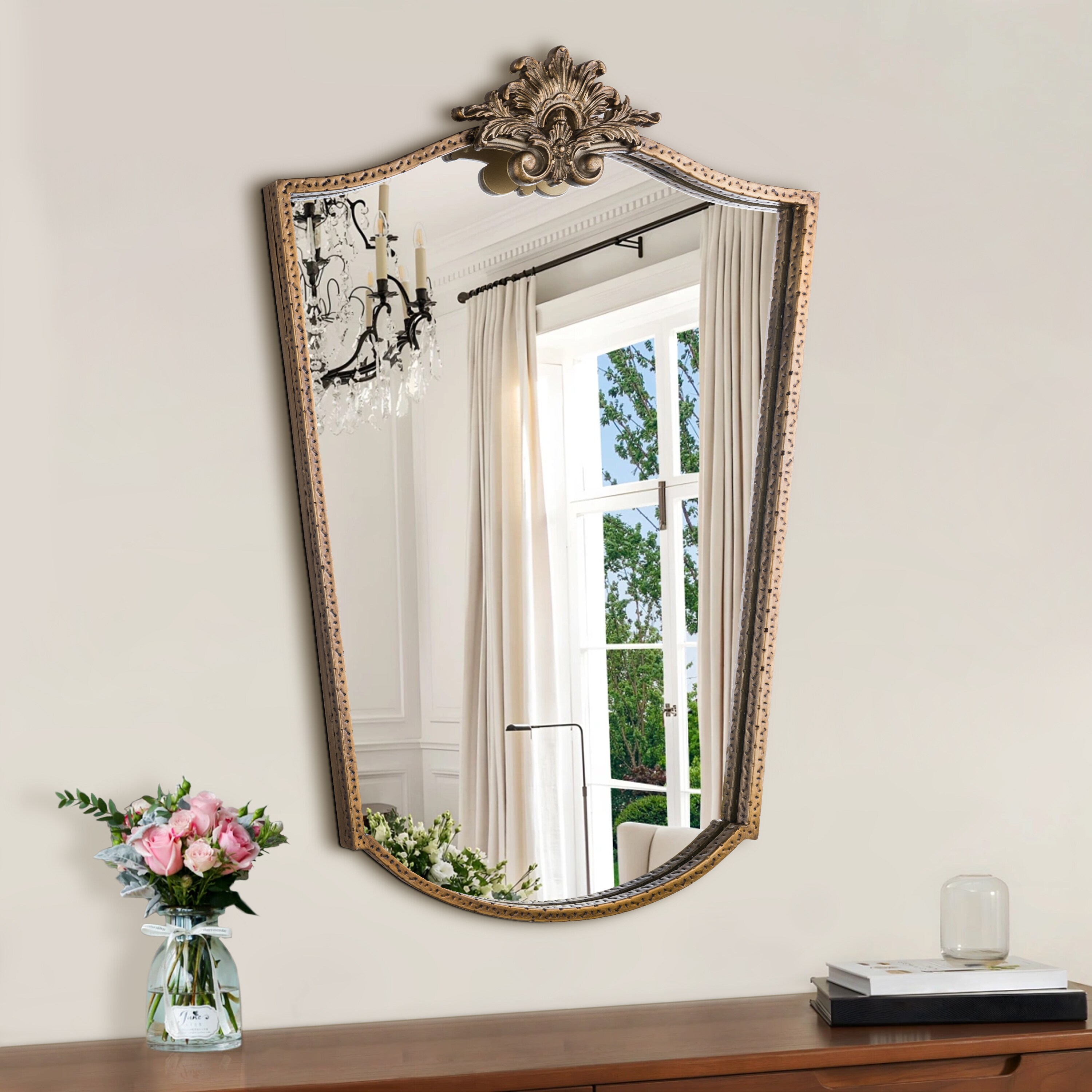 Elevatehome 18 in. W x 24 in. H Irregular Antique Gold Iron Framed with Carved Accent Wall Mirror