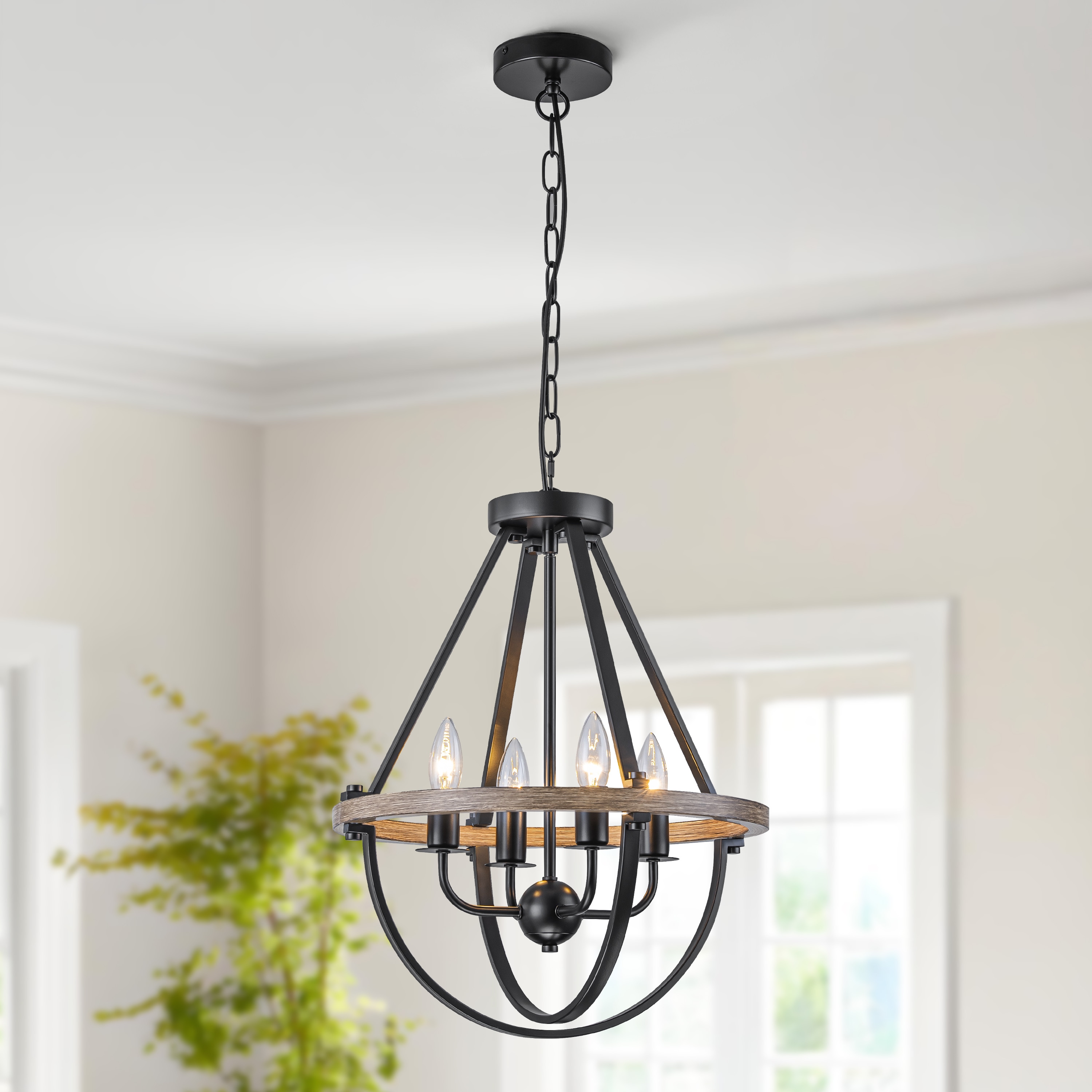 GoYeel - 4 -Light Black and Brushed Wood Grain Farmhouse Lantern Hanging Pendant Light