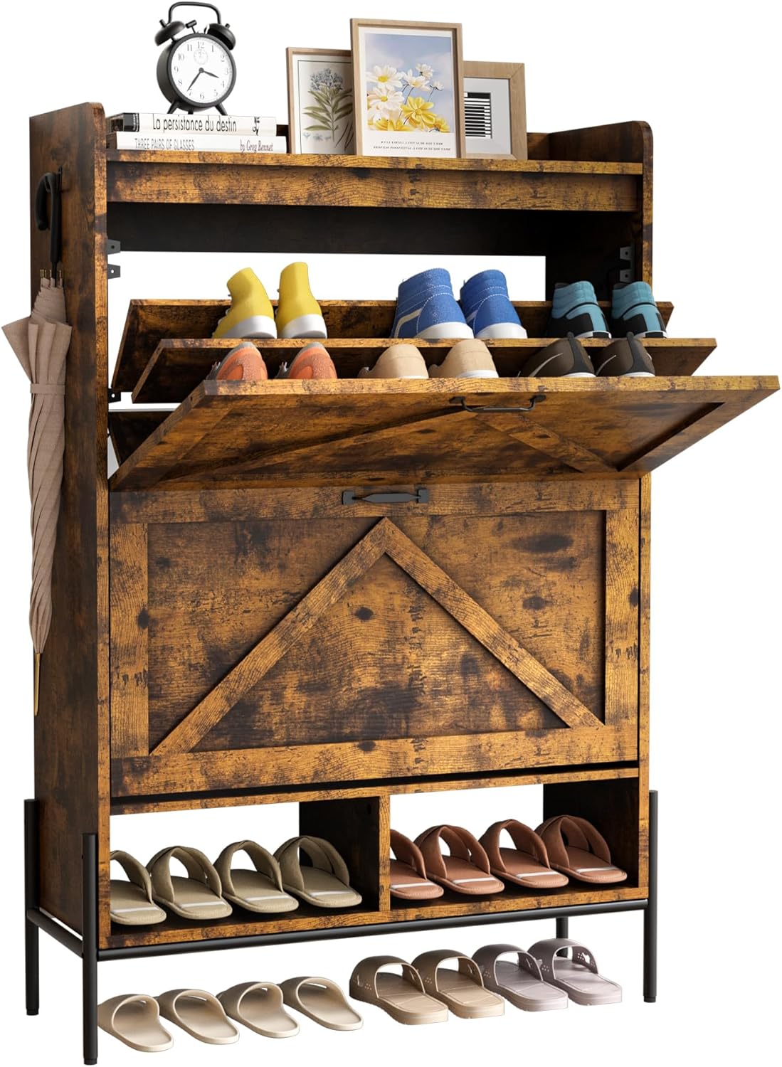 WhizMax DF-PHO-150YS6WC Shoe Cabinet with 2 Flip Drawers-Narrow Freestanding Shoe Storage Organizer for Entryway-Dry and Wet Separation Shoe Rack with Metal Legs