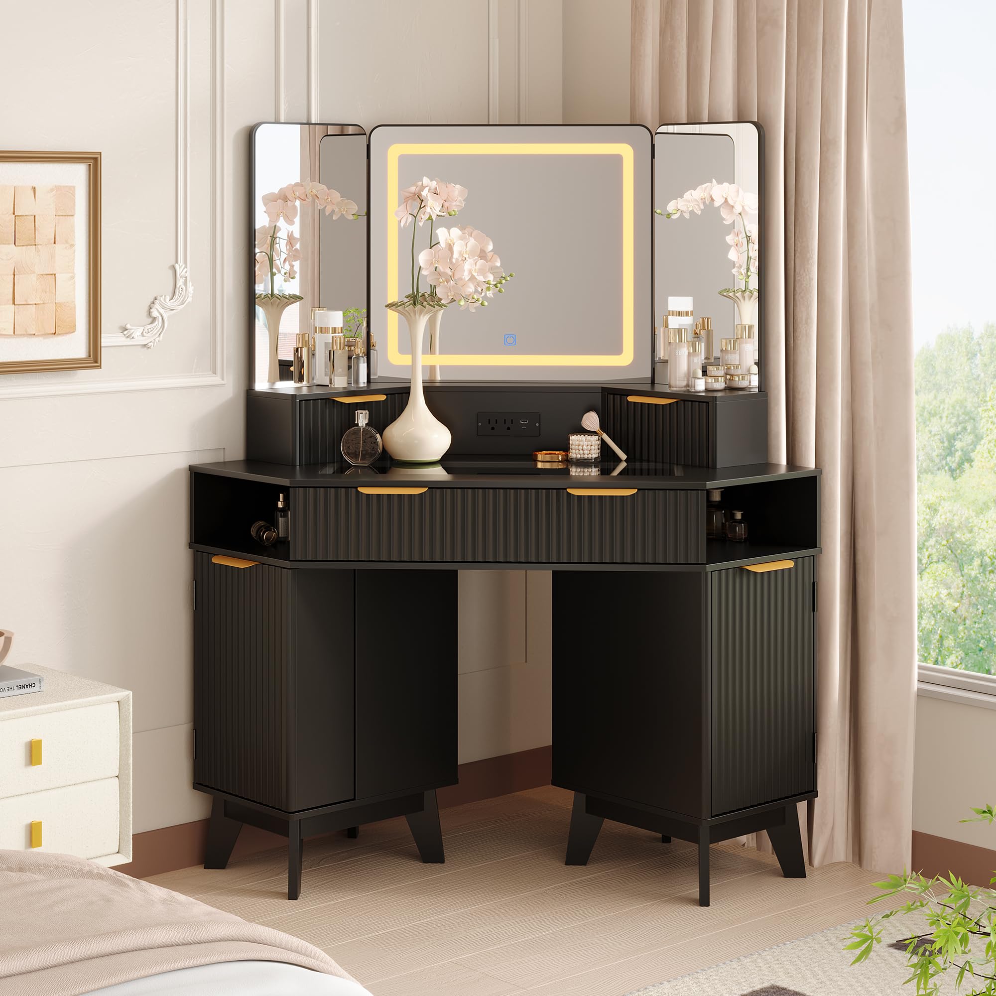 48 Inch Fluted Makeup Vanity With Power Outlet Three Color Lights Corner Vanity Desk With Three Mirrors Tempered Glass Top Three Drawers Two Cabinets Two Shelf Racks Black Color For Bedroom And Dressing Room