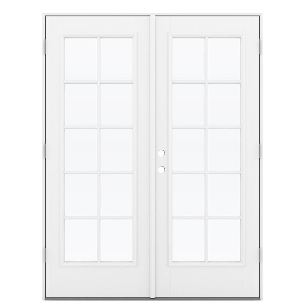 JELD-WEN 60-in x 80-in x 4-9/16-in Jamb Low-e External Grilles Primed Fiberglass French Left-Hand Inswing Double Patio Door Brickmould Included -  LOWOLJW182300017