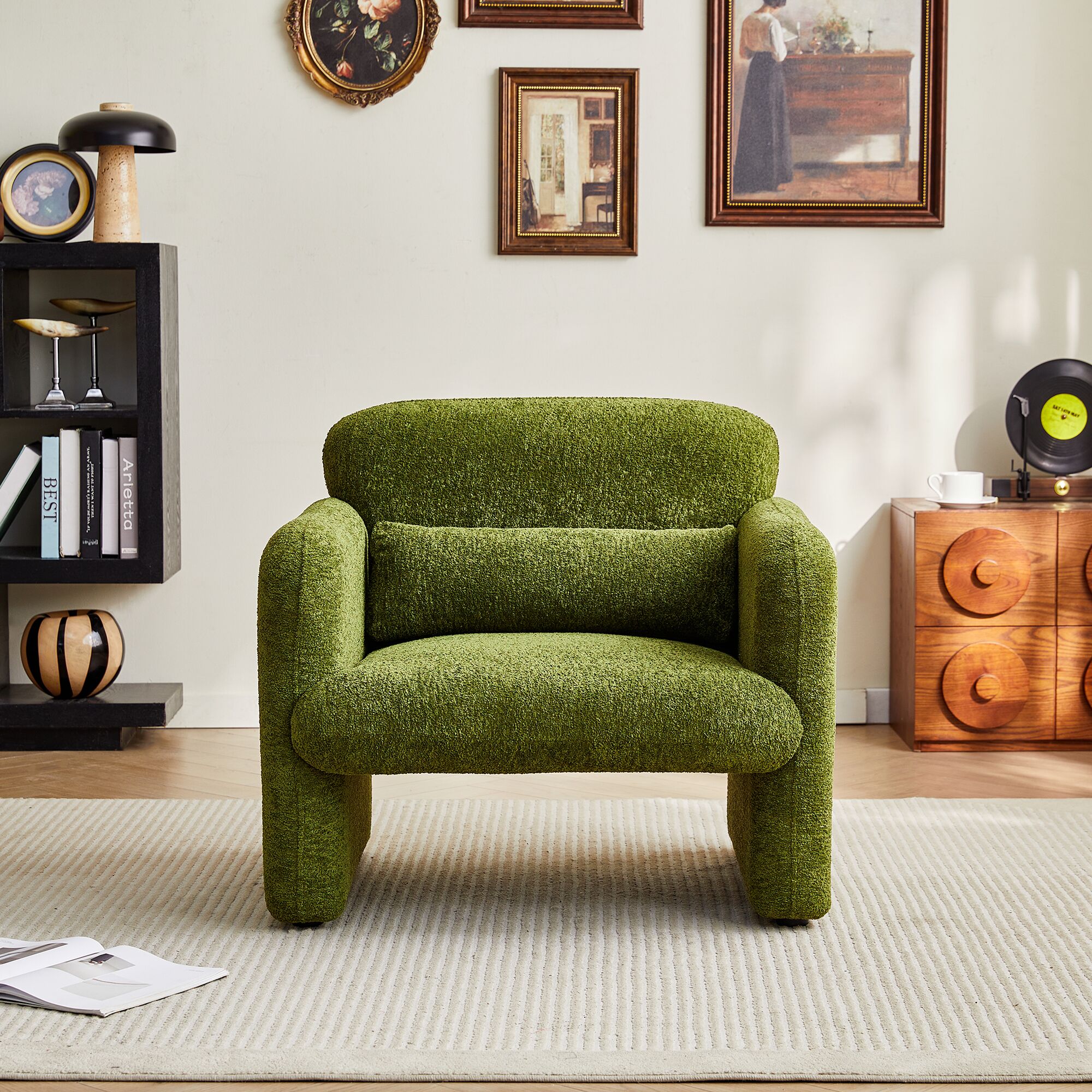 Accent Chairs Modern Conversation Chair Velvet Fabric Arm Chair Comfy Leisure Single Sofa Chair with a Waist Pillow for Living Room Green