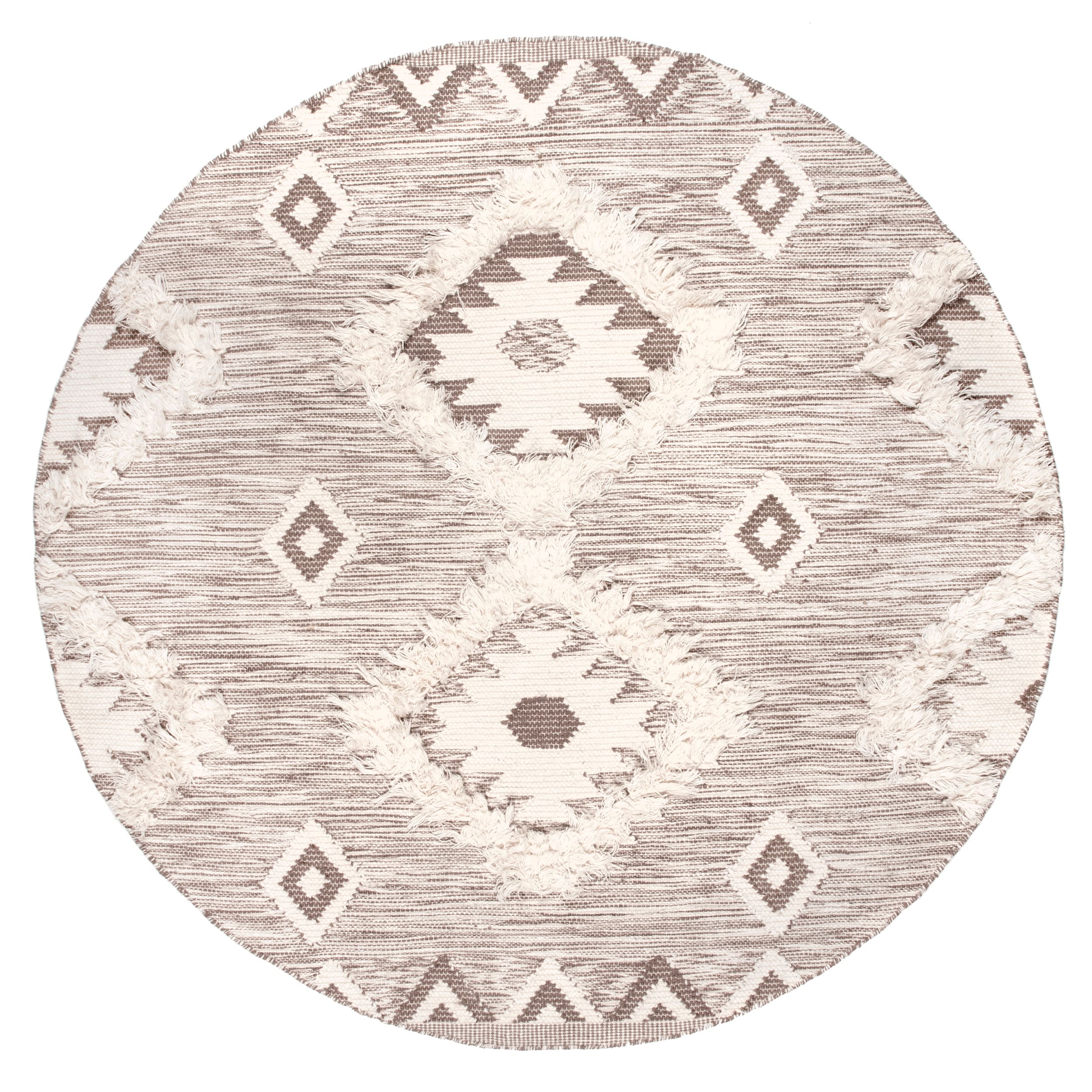 Savannah Beige Round Wool Shag Area Rug with Braided Tassels