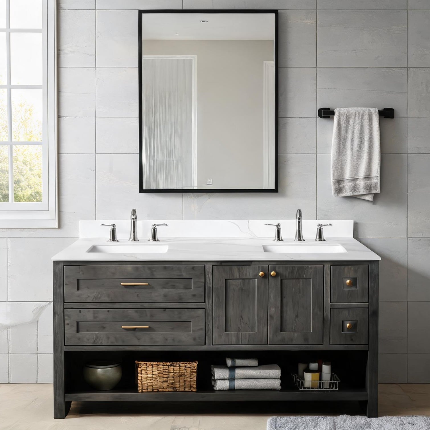 Watnature - Bathroom Carrara Veined Double Vanity Top 61-Inch Thick Quartz With Two Undermount Si...