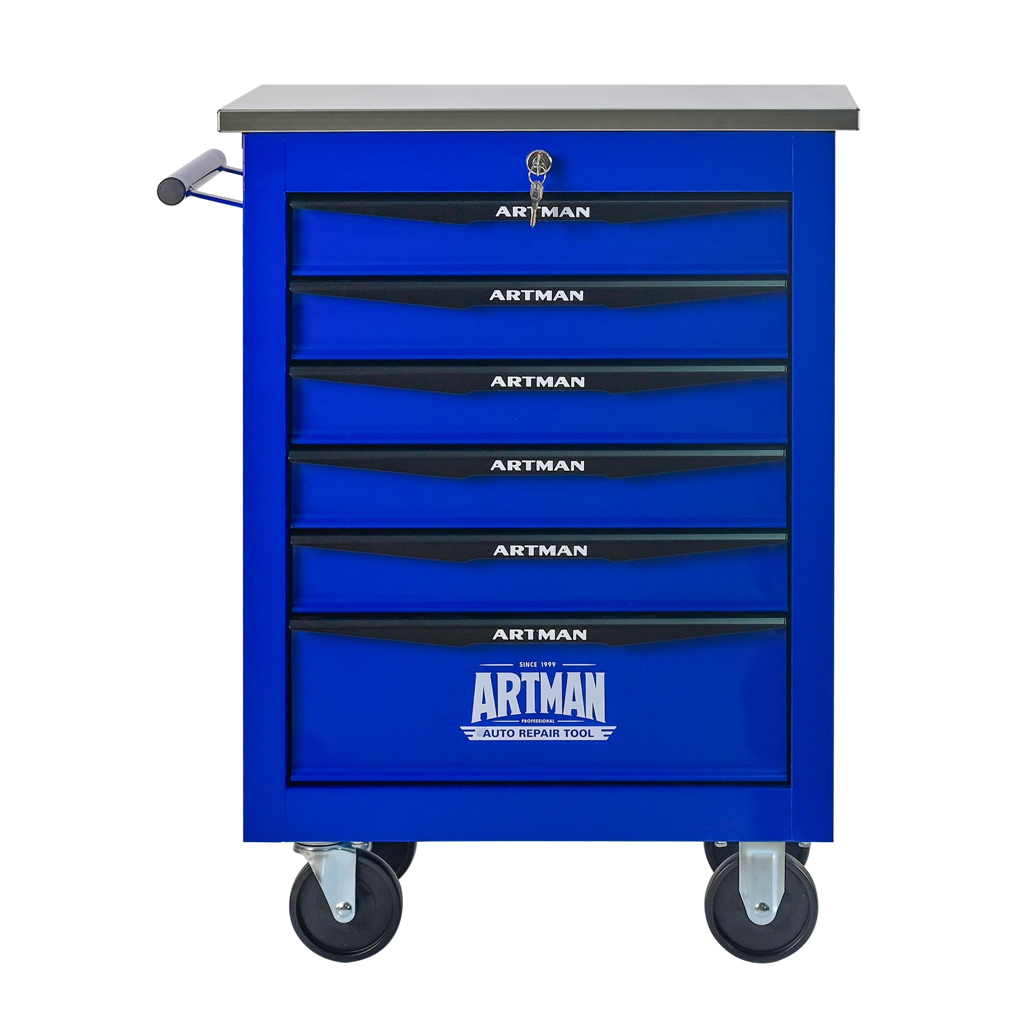 GDFStudio 344198 6 Drawers Multifunctional Tool Cart with Wheels Metal Rolling Tool Cart Storage For Garage Workshop Warehouse Repair Shop with Stainless Steel Roof Black and Blue