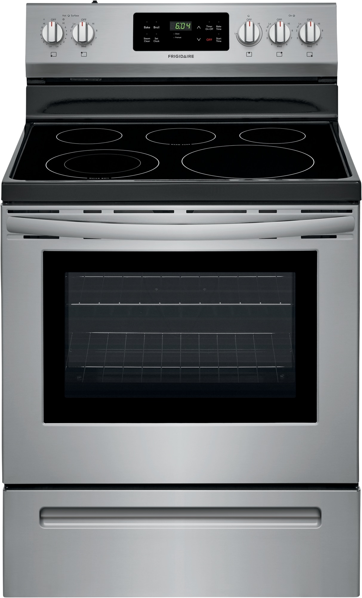 Frigidaire 30-in Glass Top 5 Burners 5.4-cu ft Steam Cleaning Freestanding Electric  Range (Fingerprint Resistant Stainless Steel) in the Single Oven Electric  Ranges department at