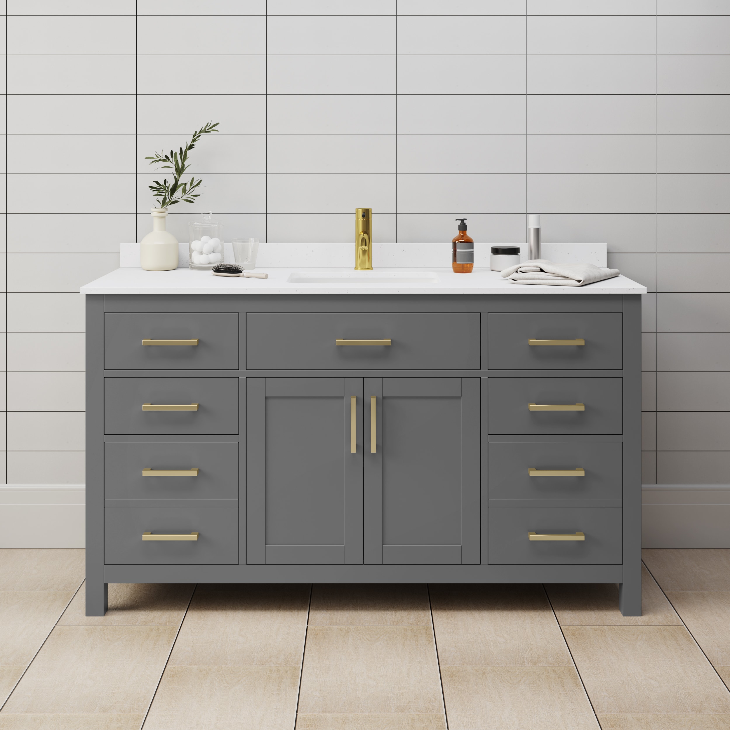 Wyndham Collection WCG242460SGGWCUNSMXX Beckett 60-in Dark Gray with Brushed Gold Trim Undermount Single Sink Bathroom Vanity with White Cultured Marble Top