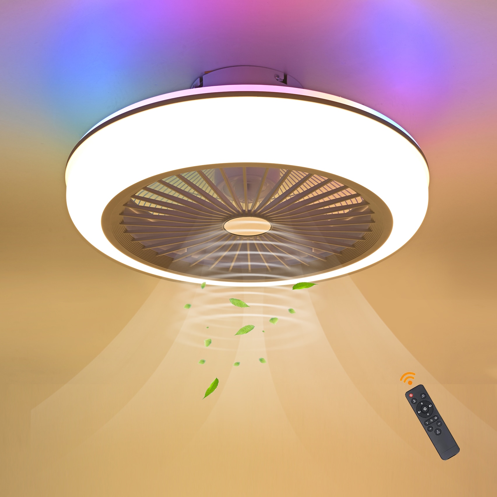 Oukaning HG-HCXLST-4156-US 18-in Color-Changing Integrated LED Flush Mount White LED-RGB Ambient with ABS Blades Bladeless Ceiling Fan With Light - Remote Included ( 5 -Blade )