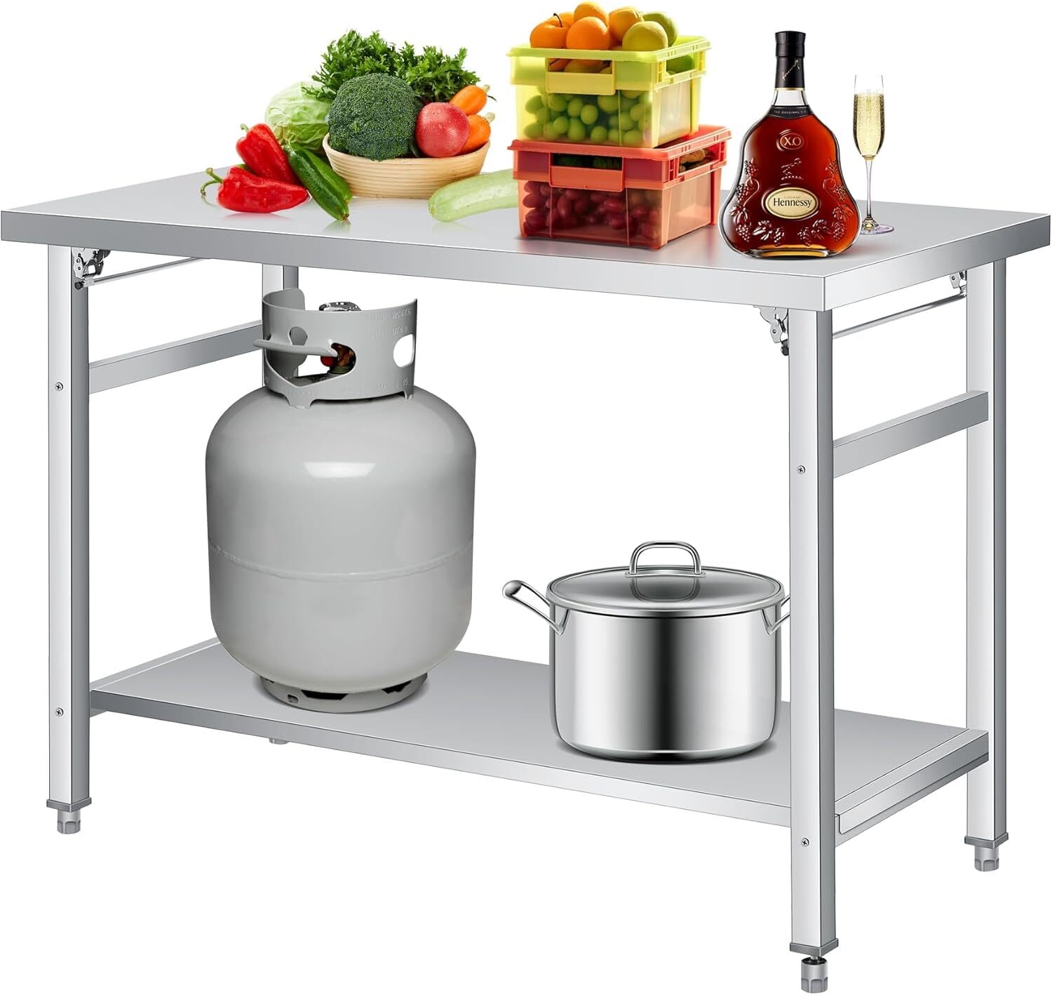 Garvee Stainless Steel Folding Table 36 48 60 Inch 2 Tier Commercial Prep Table with Adjustable Undershelf and Locking Casters Heavy Duty NSF Metal Workbench for Kitchen Restaurant Garage