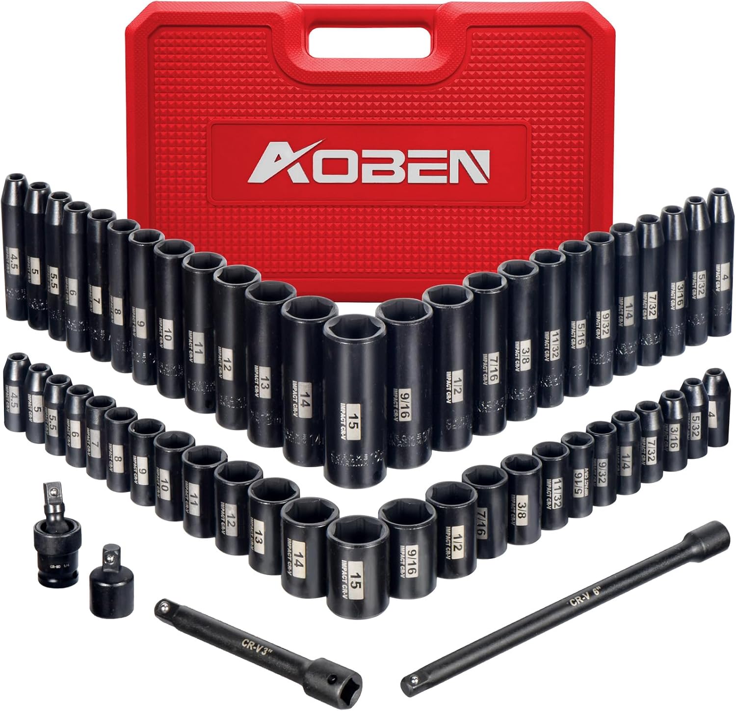 AOBEN 1 4 Inch Drive Impact Socket Set 54 Pieces 6 Point SAE Metric 5 32 9 16 4mm 15mm Deep Shallow Cr V Steel Includes Extension bars and Socket Adapter #AB2115-54PC