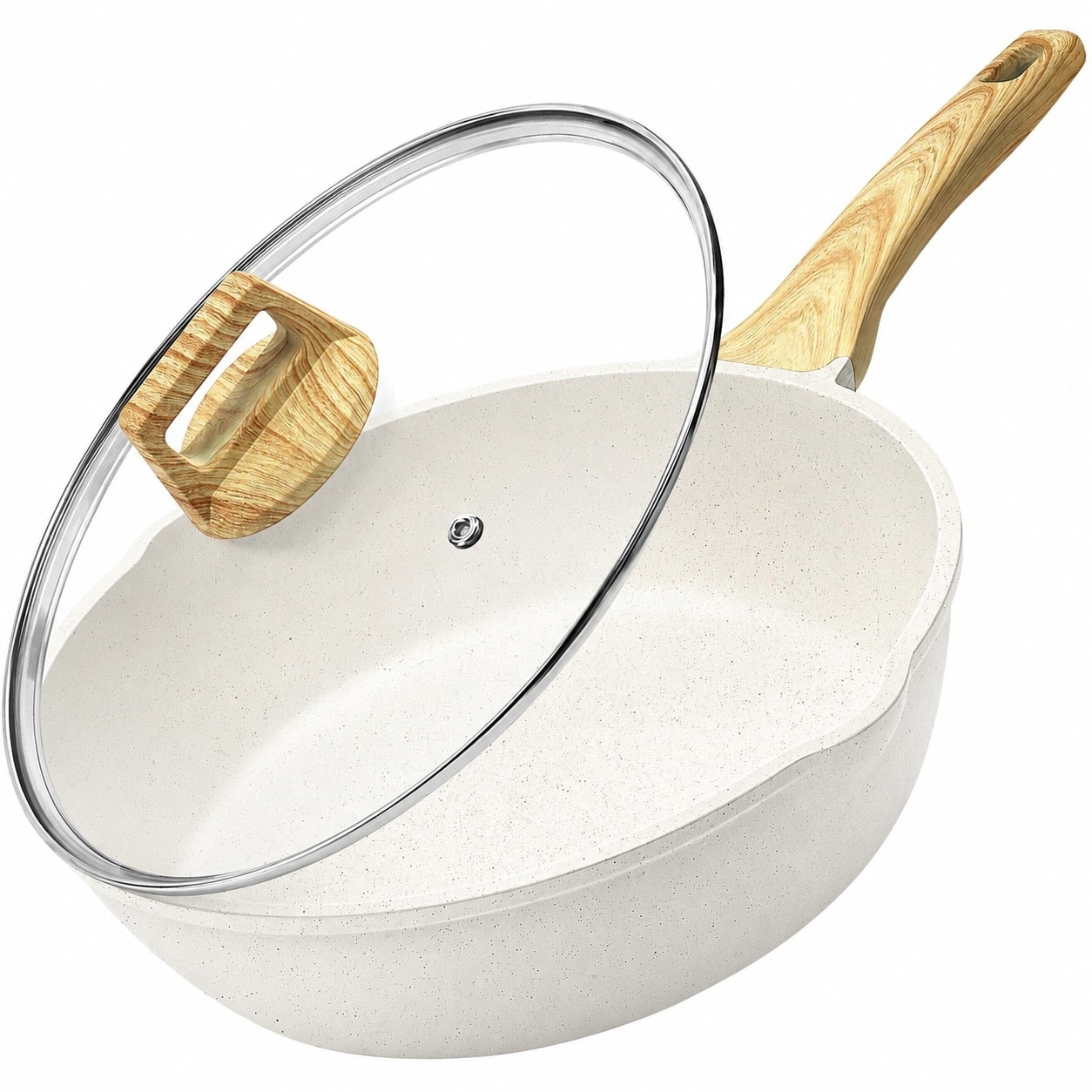Aoibox 11 in 4 5 Qt White Granite Nonstick Deep Frying Pan with Lid PFOA PFOS Free Compatible with All Stovetops #LABV52X8