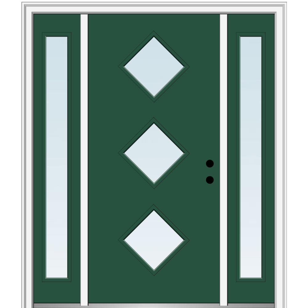MMI DOOR ZZ346326L Spotlights 60-in x 80-in x 4-9/16-in Fiberglass Pulse lite Left-hand inswing Hunter Green Painted Prehung Front Door with Sidelights with Brickmould Insulating core