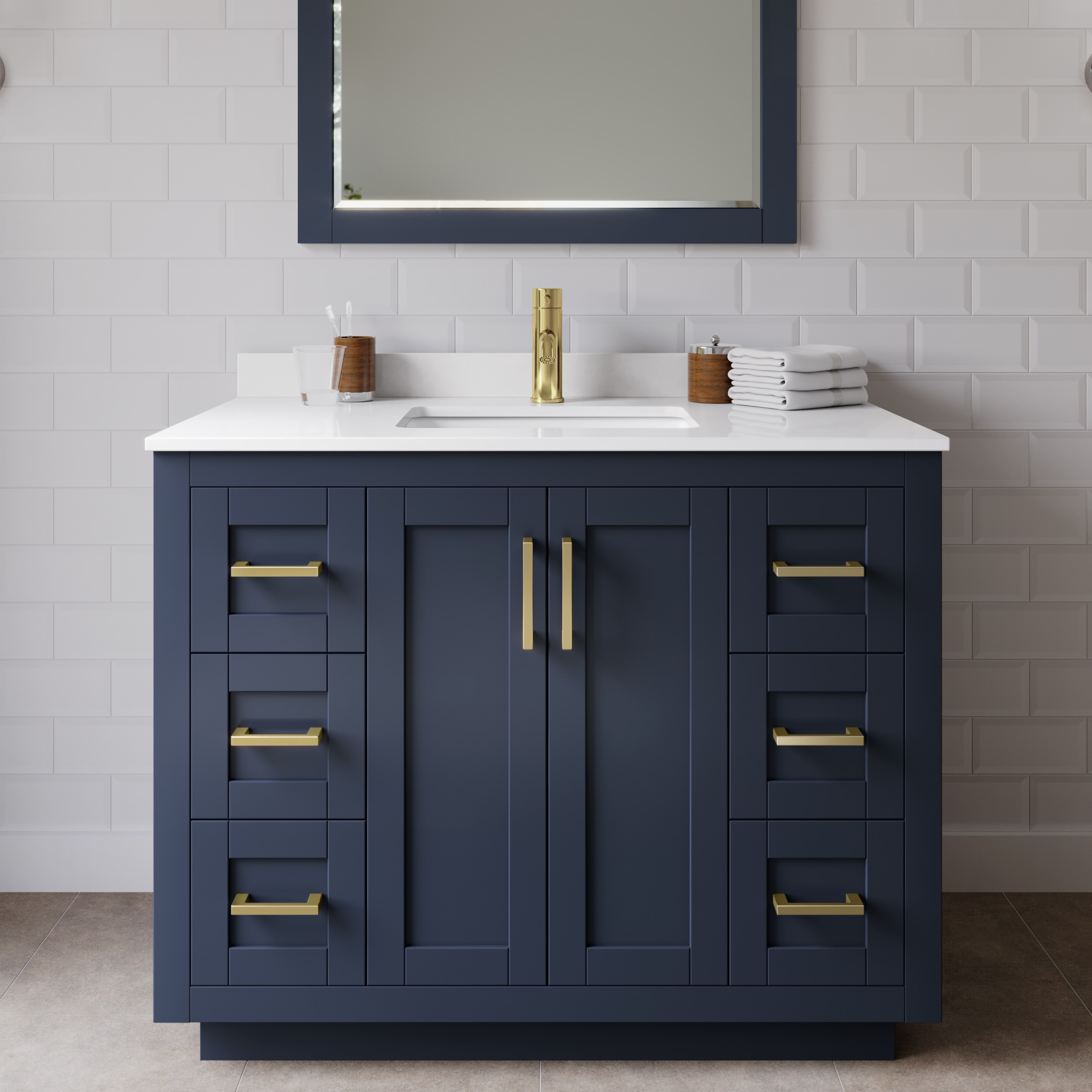 Wyndham Collection WCF292942SBLWCUNSM34 Miranda 42-in Dark Blue with Brushed Gold Trim Undermount Single sink Bathroom Vanity with White Cultured Marble Cultured marble Top (Mirror Included)