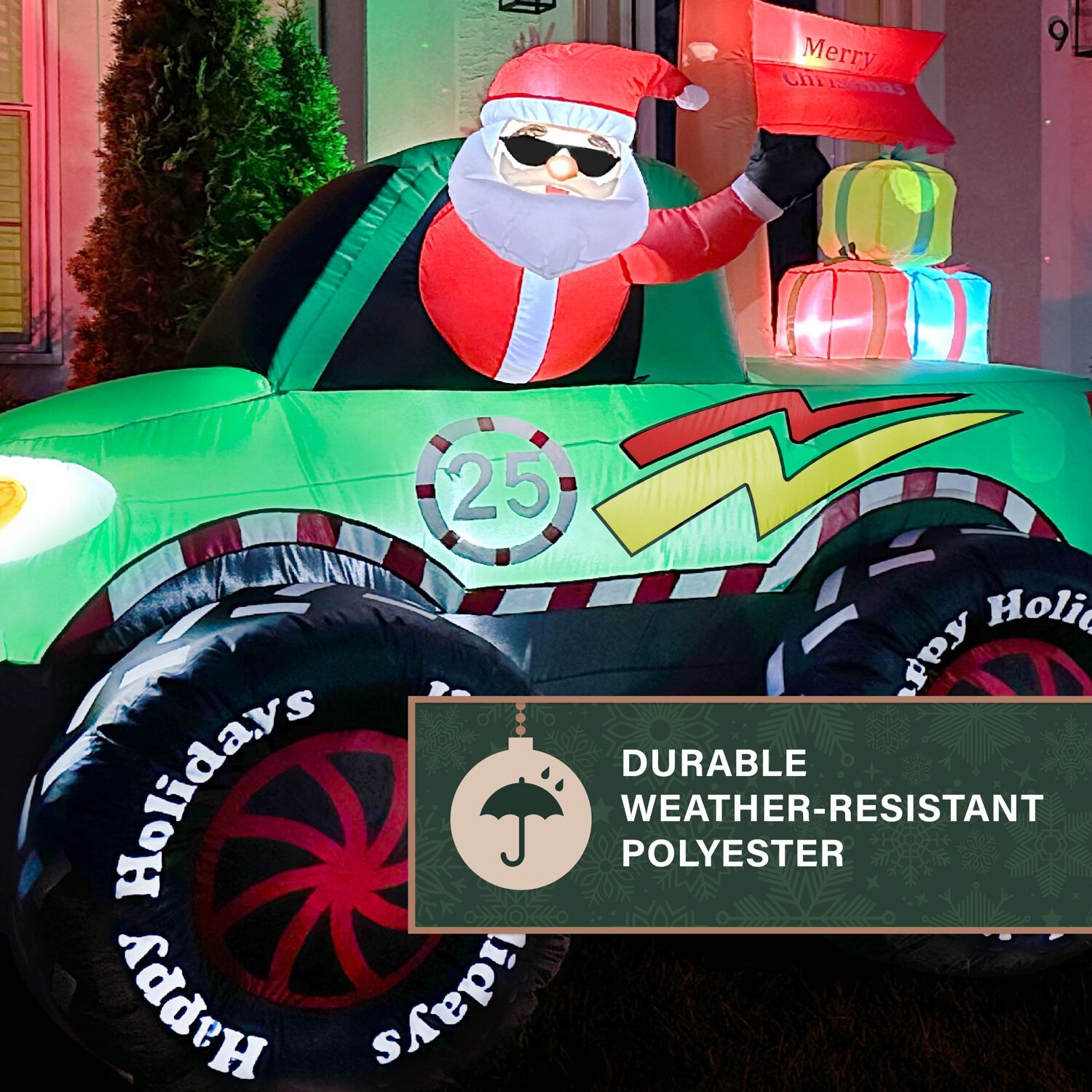 6-Ft Tall Pre-lit Santa in Green Monster Truck Inflatable