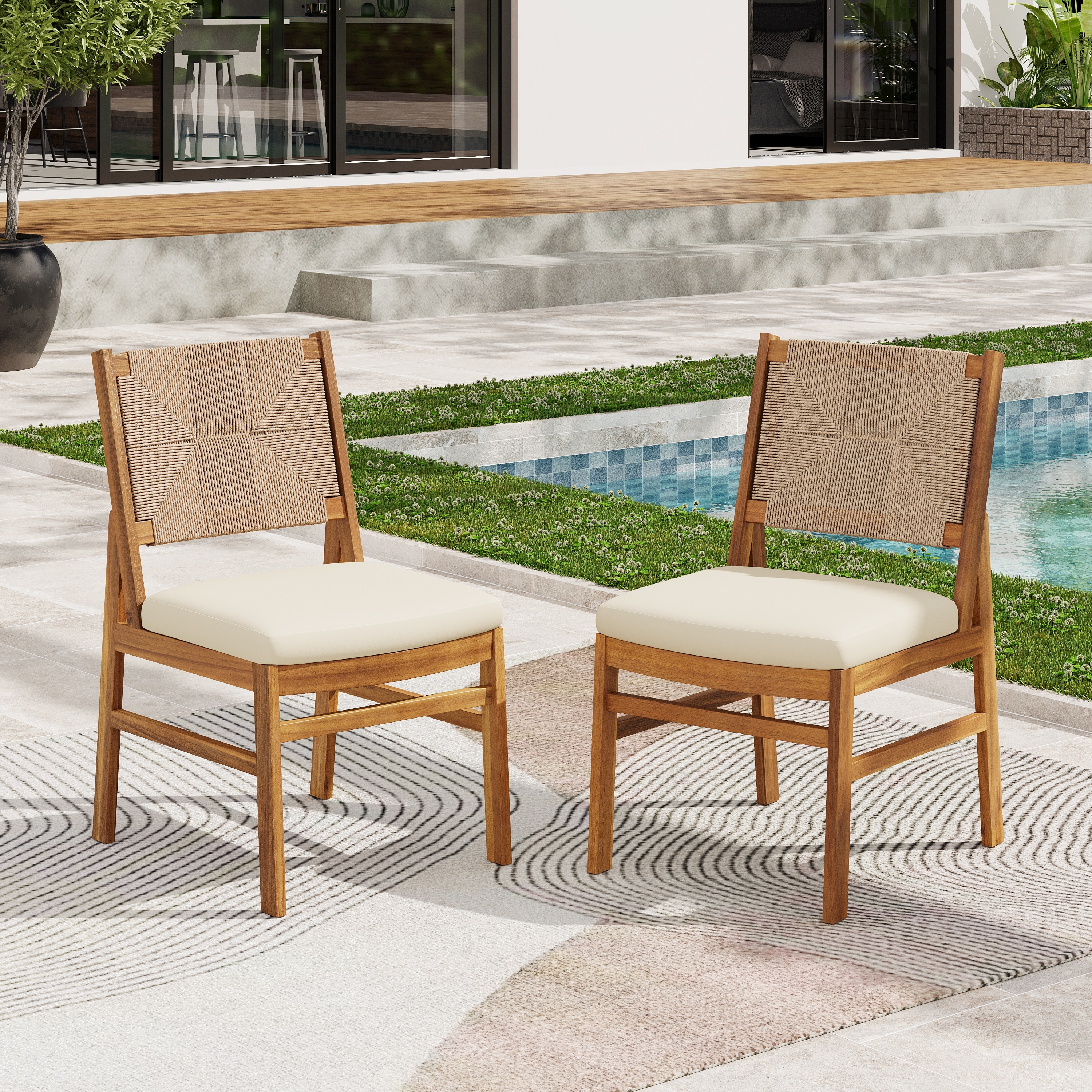Christopher Knight Home Bearden Outdoor Arly Wood and Wicker Woven Dining Chairs with Cushions Light Brown Teak  Cream Set of 2