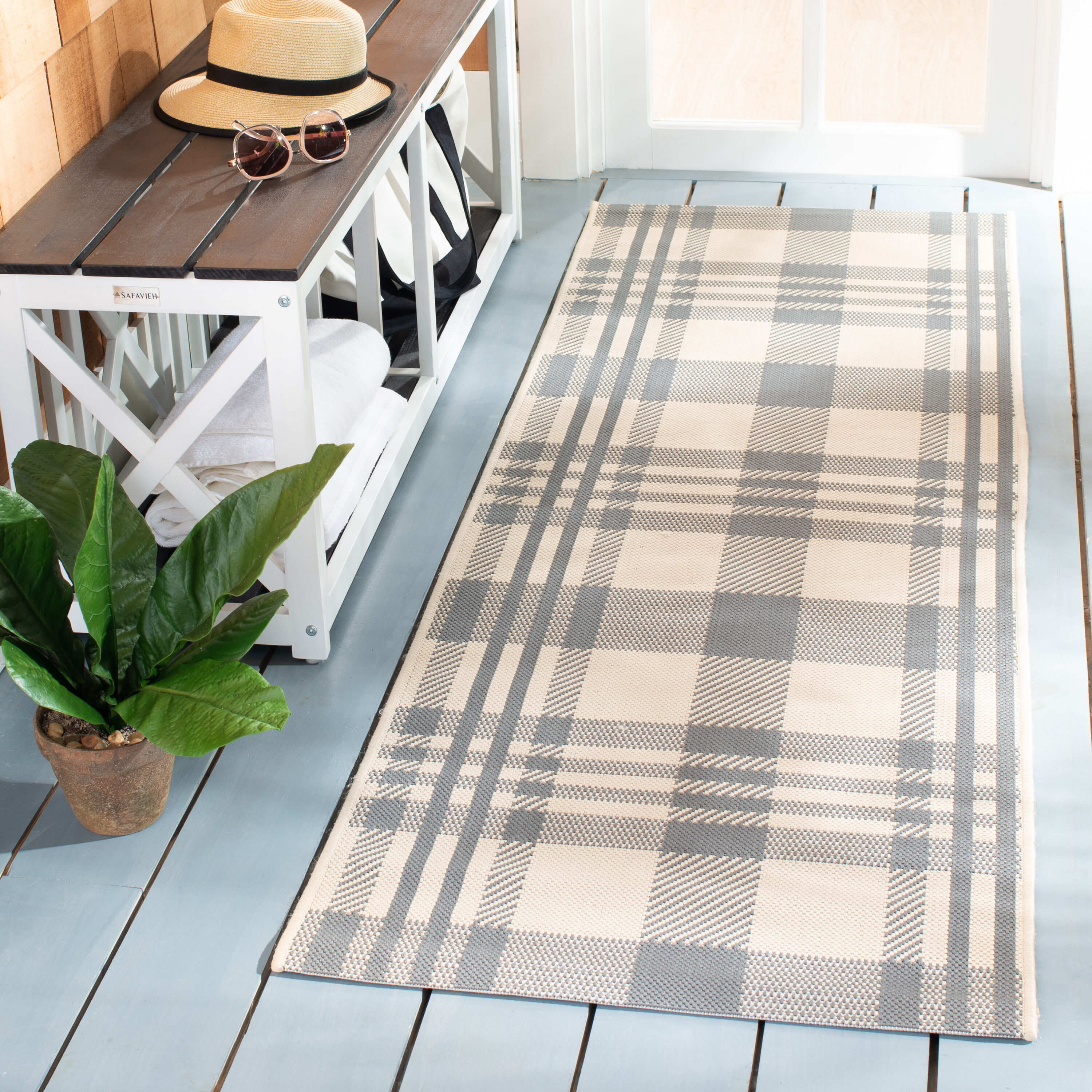 Safavieh CY6201-236-222 Courtyard 2 x 22 (ft) Loomed Synthetic Gray/Bone Rectangular Indoor/Outdoor Stripe Runner rug
