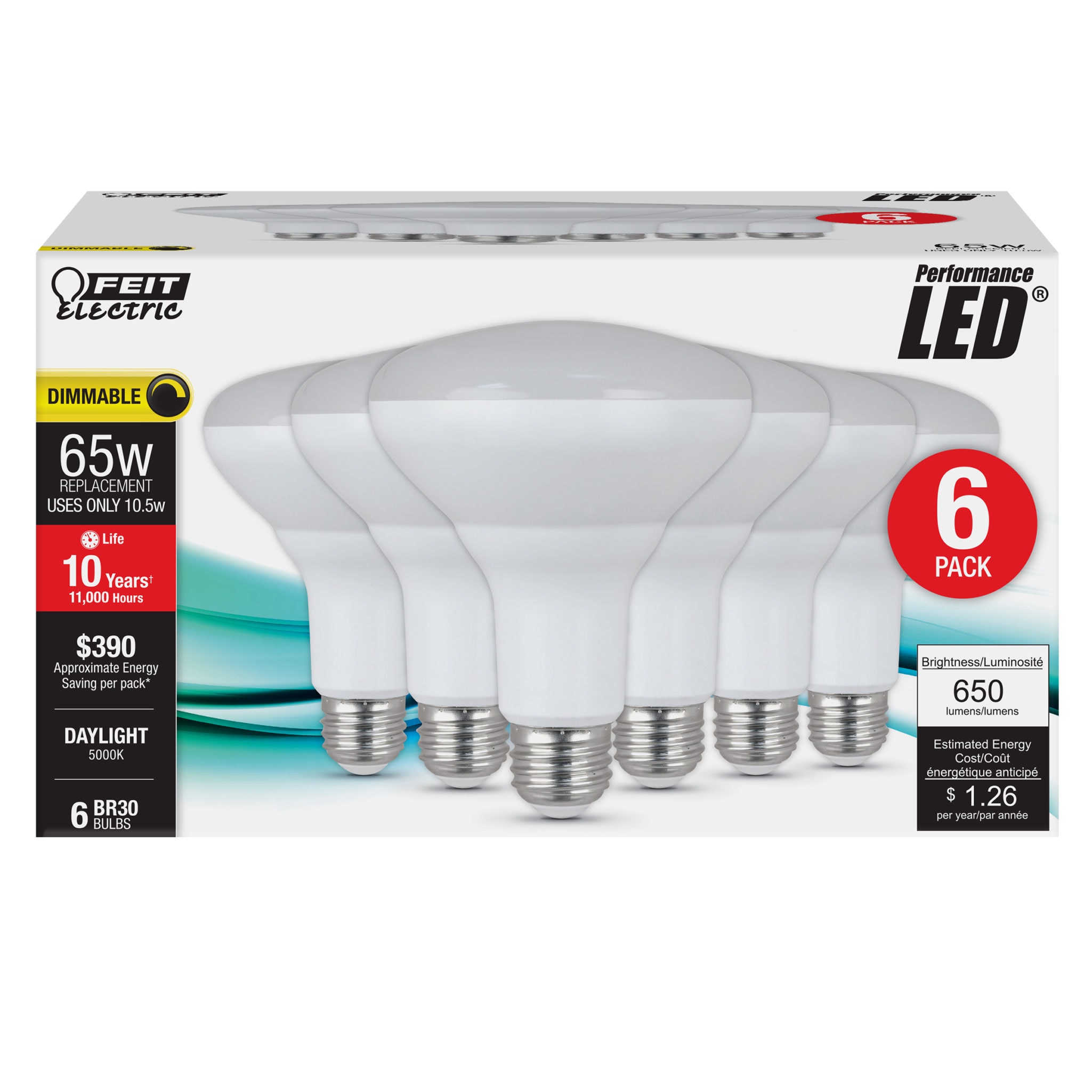 Feit Electric BR30DM/850/10KLED/6 LED Reflector 65 -Watt EQ BR30 Daylight Medium base (E-26) Dimmable LED Spot Flood Light Bulb 6 -Pack