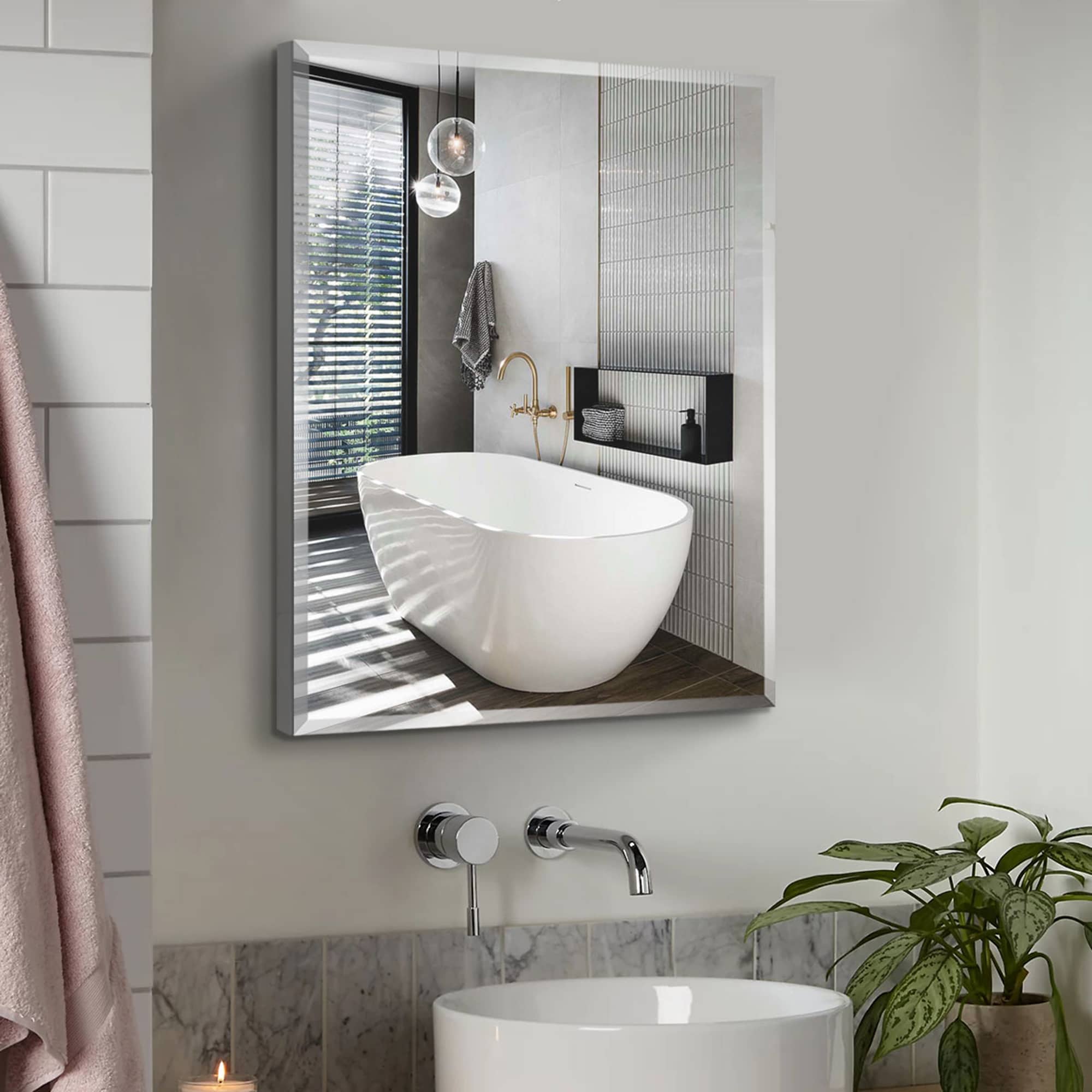 SINOFURN SYD530001SL 24-in x 30-in Surface/Recessed Mount Silver Mirrored Rectangle Soft Close Medicine Cabinet