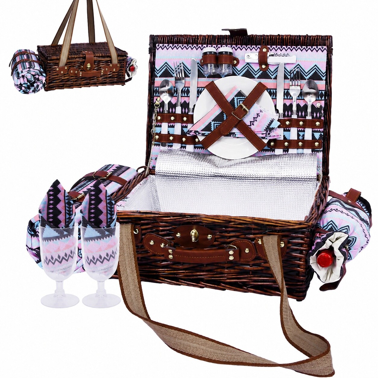 Aoibox Large Willow Wicker Picnic Hamper for 2 with Insulated Cooler Liner and Waterproof Blanket 12 x 16 6 x 7 2 in #LABTTKQD