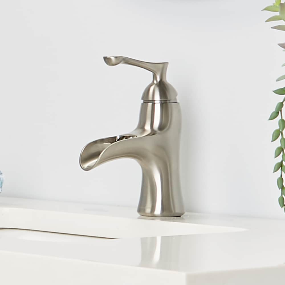 allen + roth 21-B461H-BN-AR Sumter Brushed nickel 4-in centerset 1-handle WaterSense Waterfall Residential Handle Bathroom Sink Faucet with Drain with Deck Plate