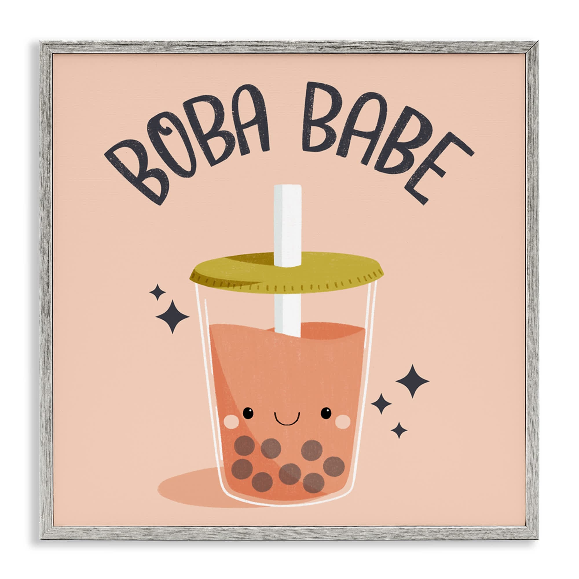 Stupell Industries BT-443-GFF-24X24 Boba Babe Bubble Tea Gray Framed Giclee Art By Sarah Hickman 24 x 24