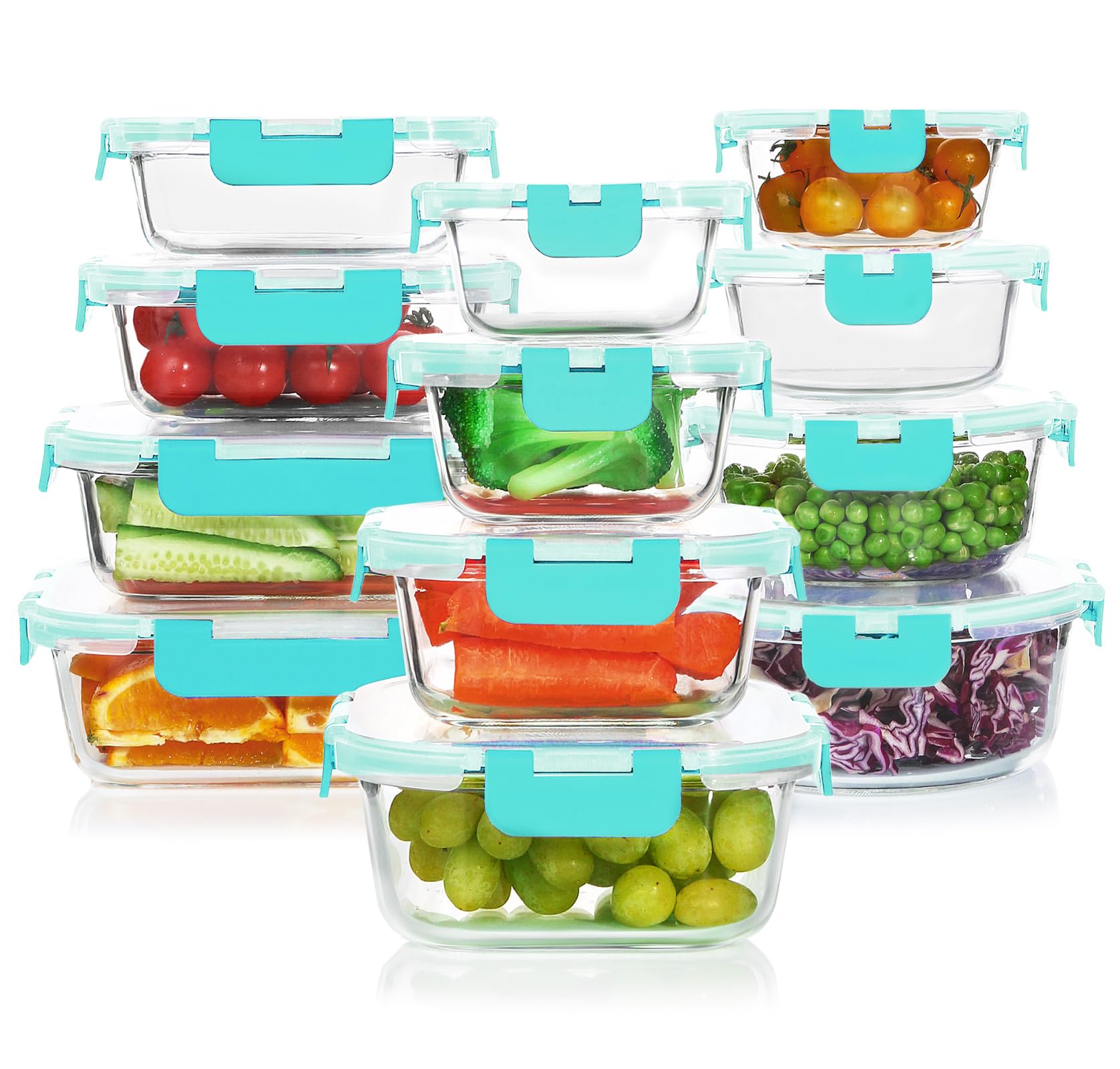 Linder Group Inc Glass Food Storage Containers Set 24 pcs Stackable Airtight Meal Prep Containers with Lids Freezer Microwave Oven Safe Green Three Shapes