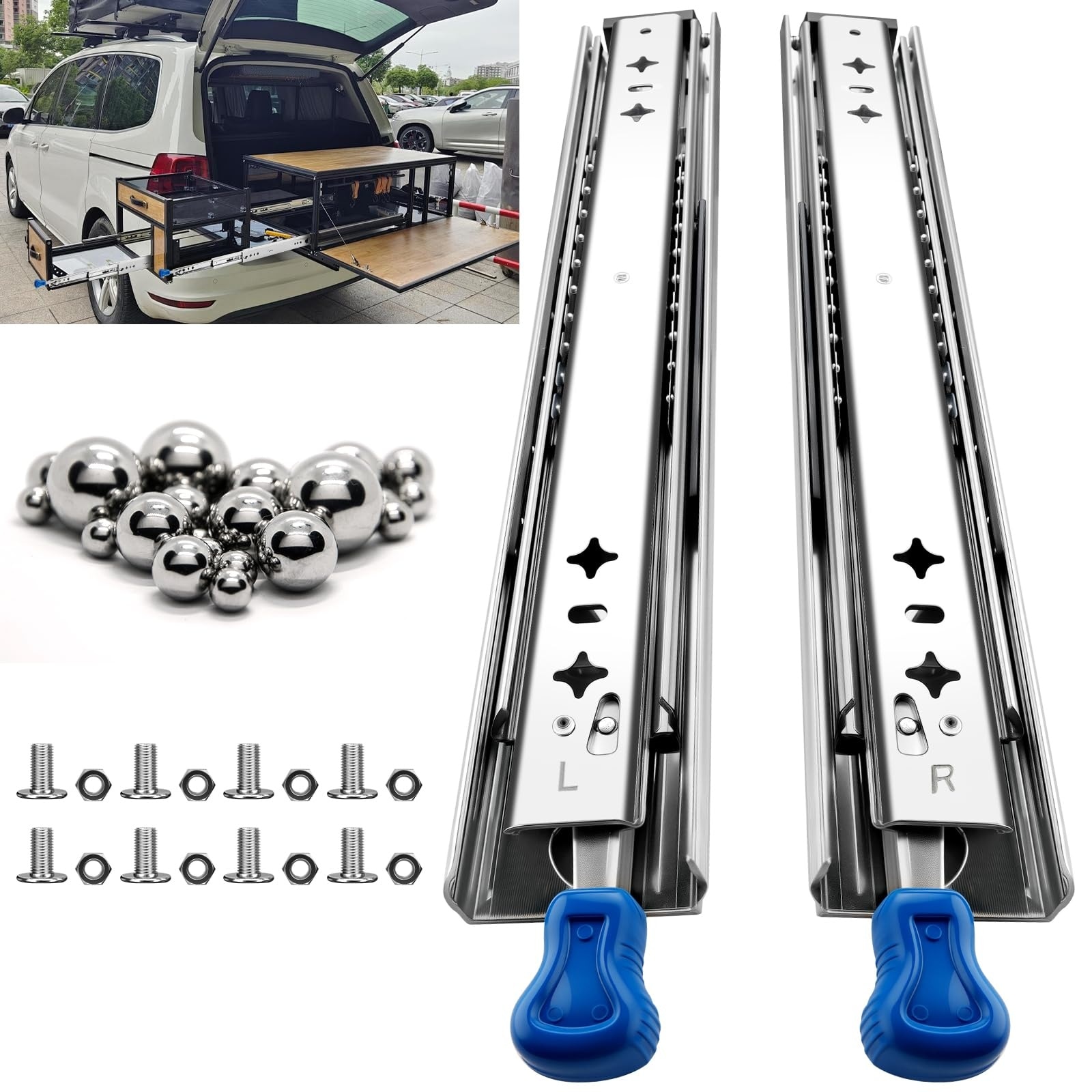Phyfalip  1 Pair 22 Inch Heavy Duty Locking Drawer Slides Full Extension Side Mount Ball Bearing Rail Silver 250 lb Load with 8 Screws