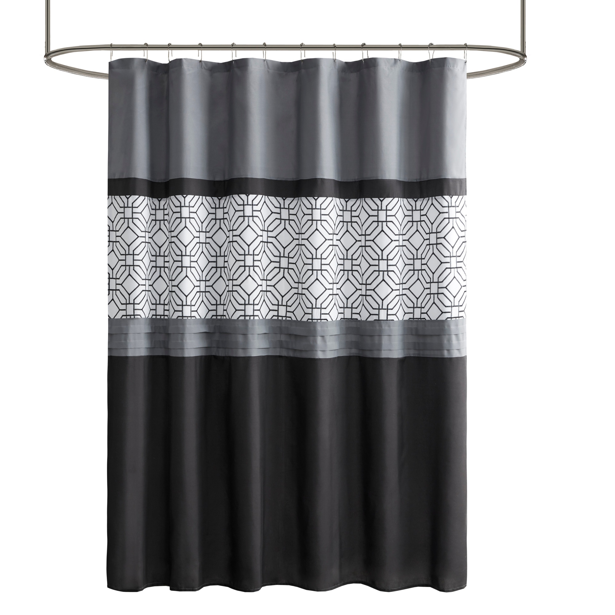 Black and Gray Geometric Embroidered Fabric Shower Curtain with Liner