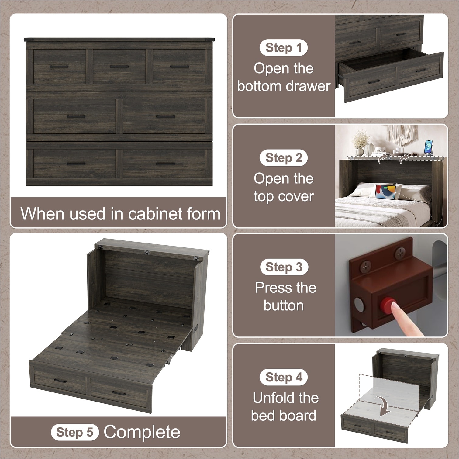 Naturefalls Full Size Wood Murphy Bed Cabinet with Charging Station and ...