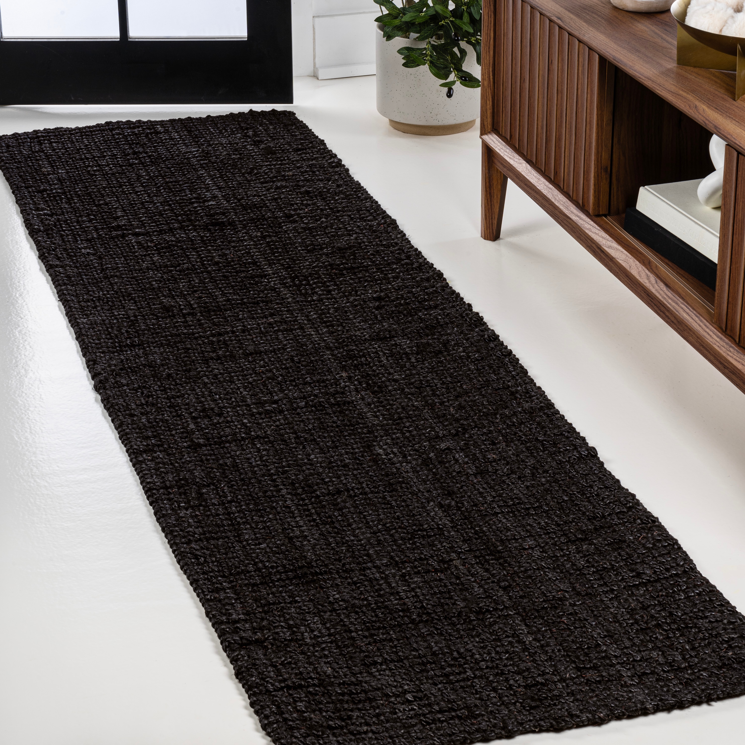 JONATHAN  Y NRF102E-28 NATURAL FIBER Pata Fringe 2 x 8 (ft) Loomed Jute Black Rectangular Indoor Solid Bohemian/Eclectic Runner rug