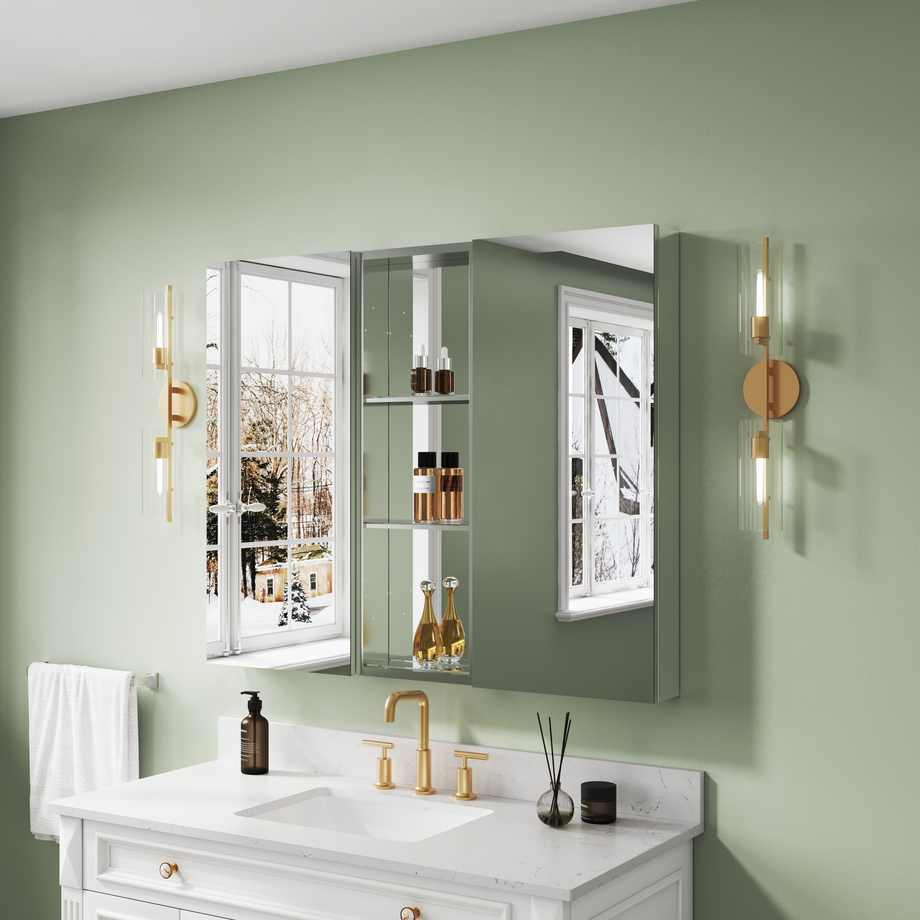 Forclover 44-in x 36-in Surface/Recessed Mount Silver Mirrored Rectangle Soft Close Medicine Cabinet