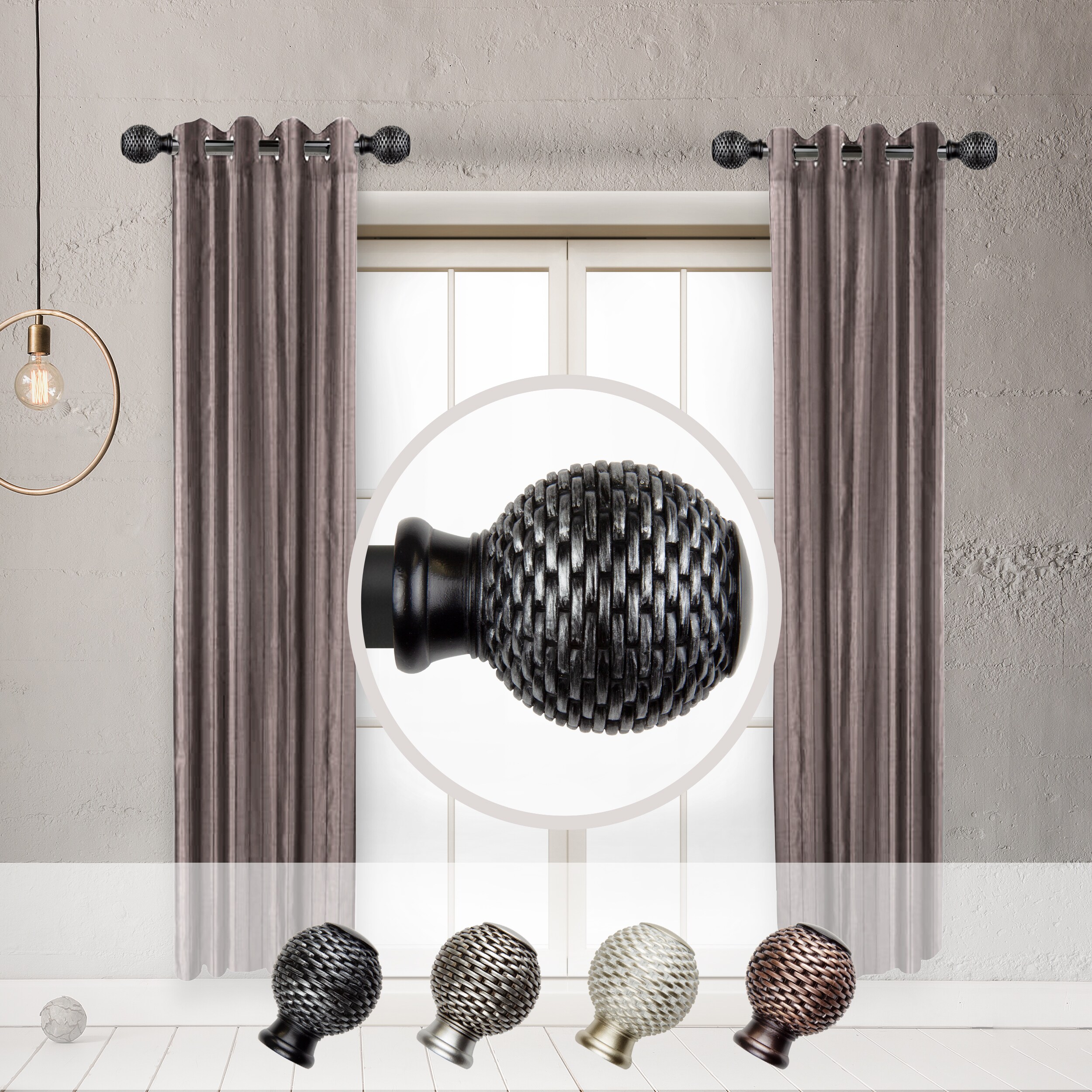 Hart & Harlow L-SIDE100-76-2 Blakely 1-in 12-in to 20-in Black Steel Side curtain rod with Finials