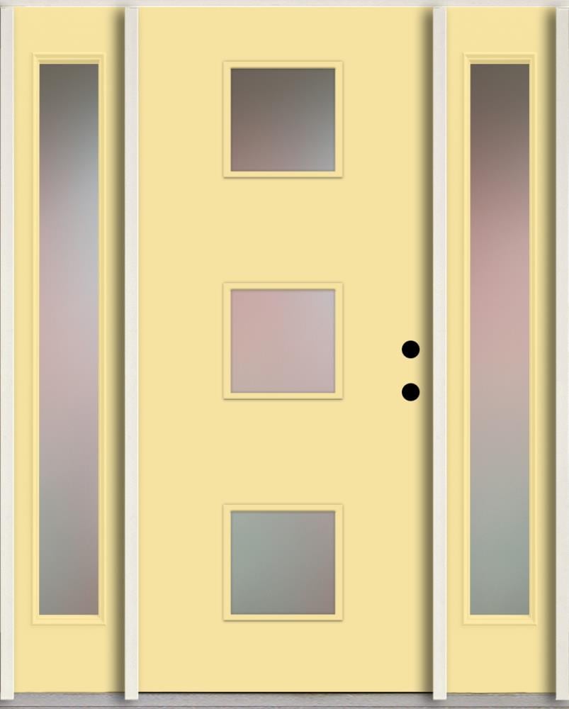 RELIABILT LO1066707 Spotlights 60-in x 80-in x 4-5/8-in Fiberglass 1/4 lite Left-hand inswing Cabana Yellow Paint Painted Prehung Front Door with Sidelights Insulating core