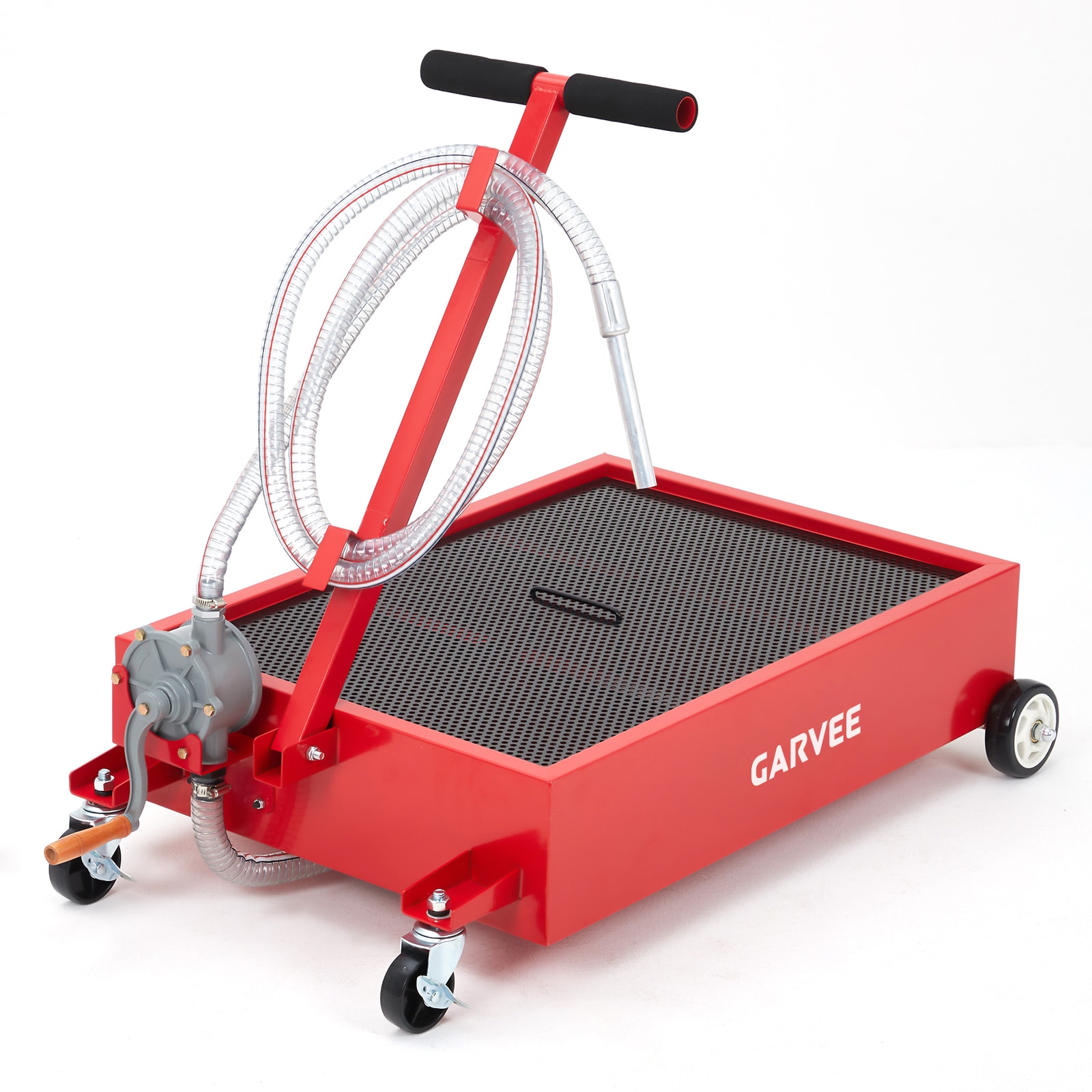 Garvee Oil Drain Pan 15 gal Low Profile Oil Drain Pan with Hand Pump 57 L Oil Change Pan with 8 ft Hose Folding Handle Rolling Oil Drain Cart for Car SUV Trucks Oil Draining