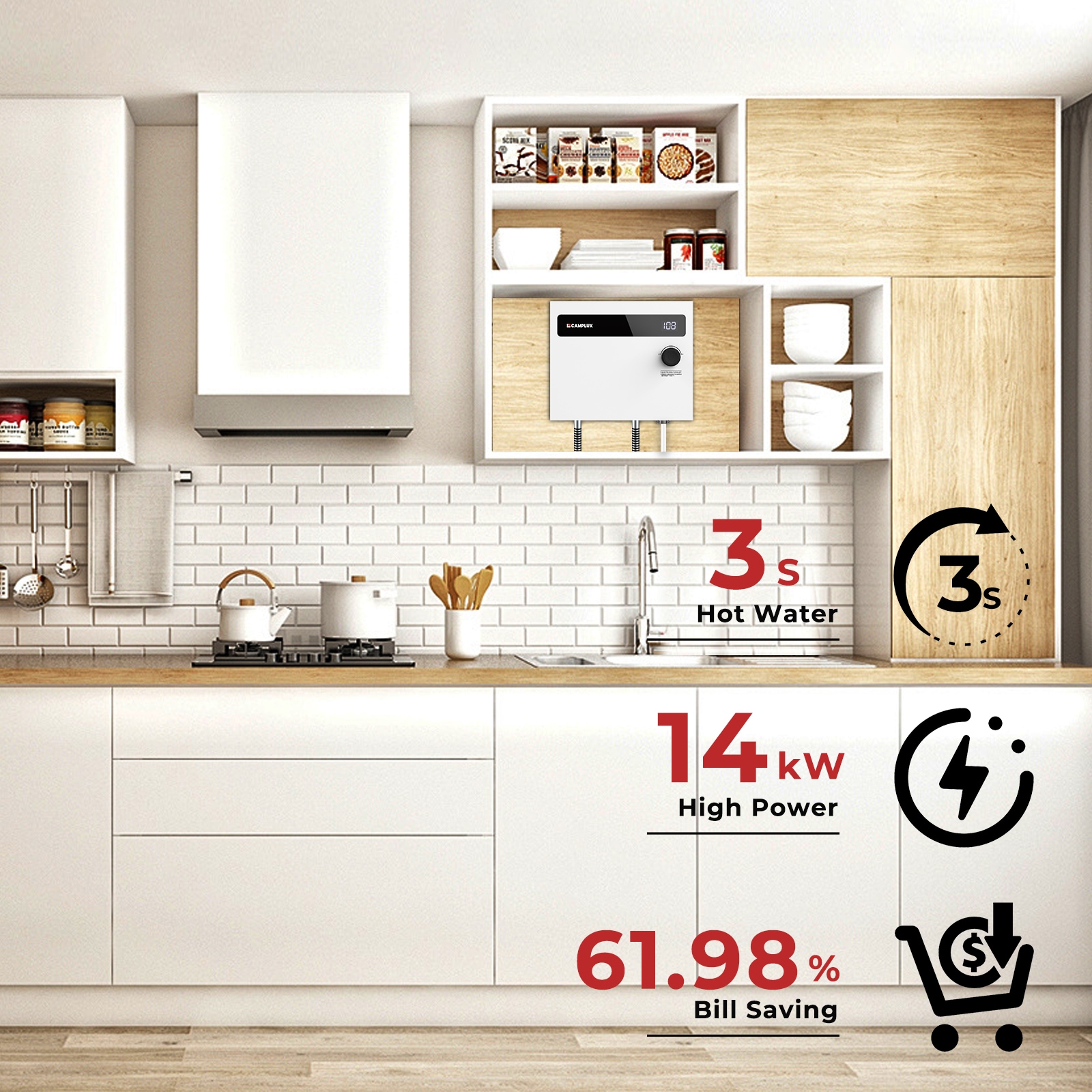 Camplux 14kW White Tankless Electric Water Heater with Digital Display