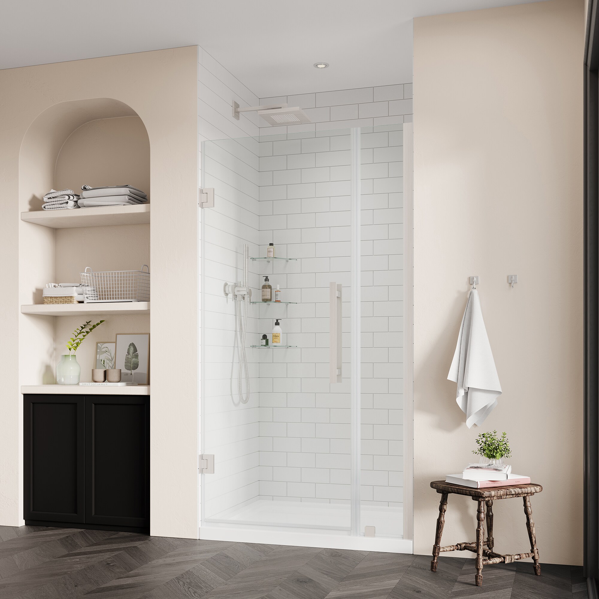 Satin Nickel Frameless Alcove Shower Kit with Shelves