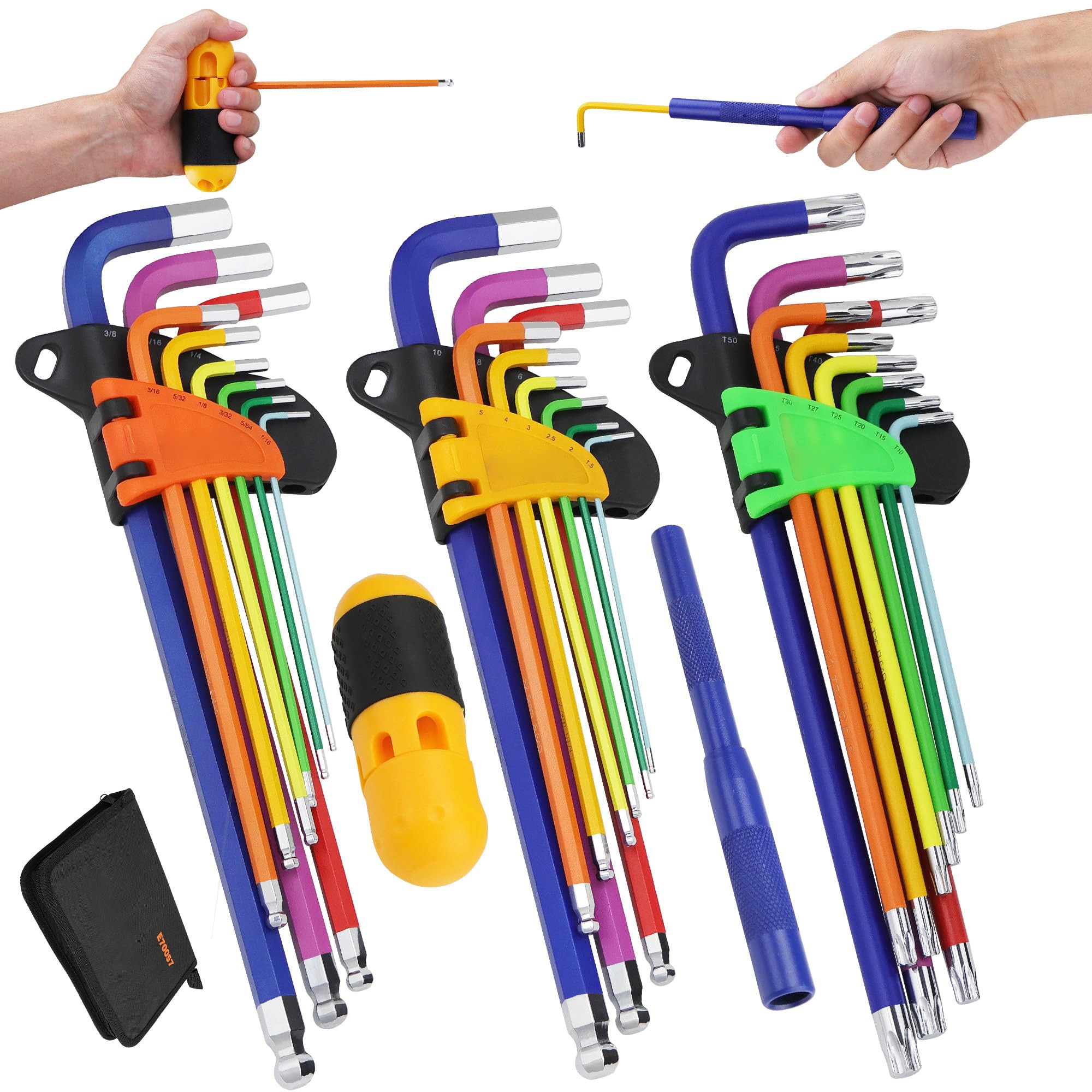 Anqtovp  29 Piece Hex and Torx Key Set Color Coded SAE 1 16 to 3 8 Inch Metric 1.5 to 10mm Torx T10 to T50 Long Arm Ball End T Handle Extension