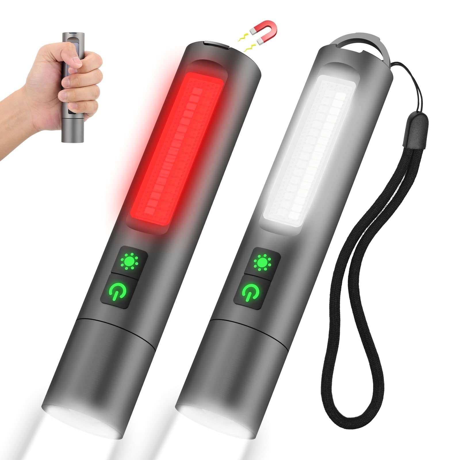 AOIZGMY  2 Pack Rechargeable Pocket Flashlight 1500 Lumens Magnetic Base Hanging Hook 7 Modes Dual Switch COB Red Light USB C 5.7 Inch