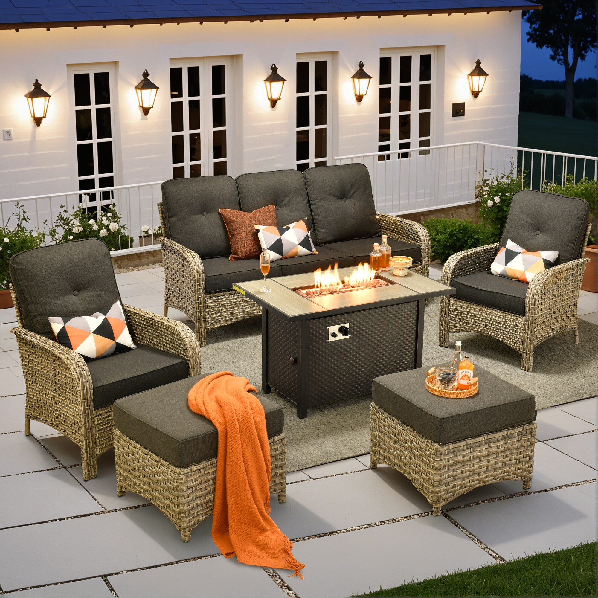 XIZZI XIVNC1053-IFP Scorpio 6 -Piece Rattan Patio Sofa Conversation Set with Black Cushions