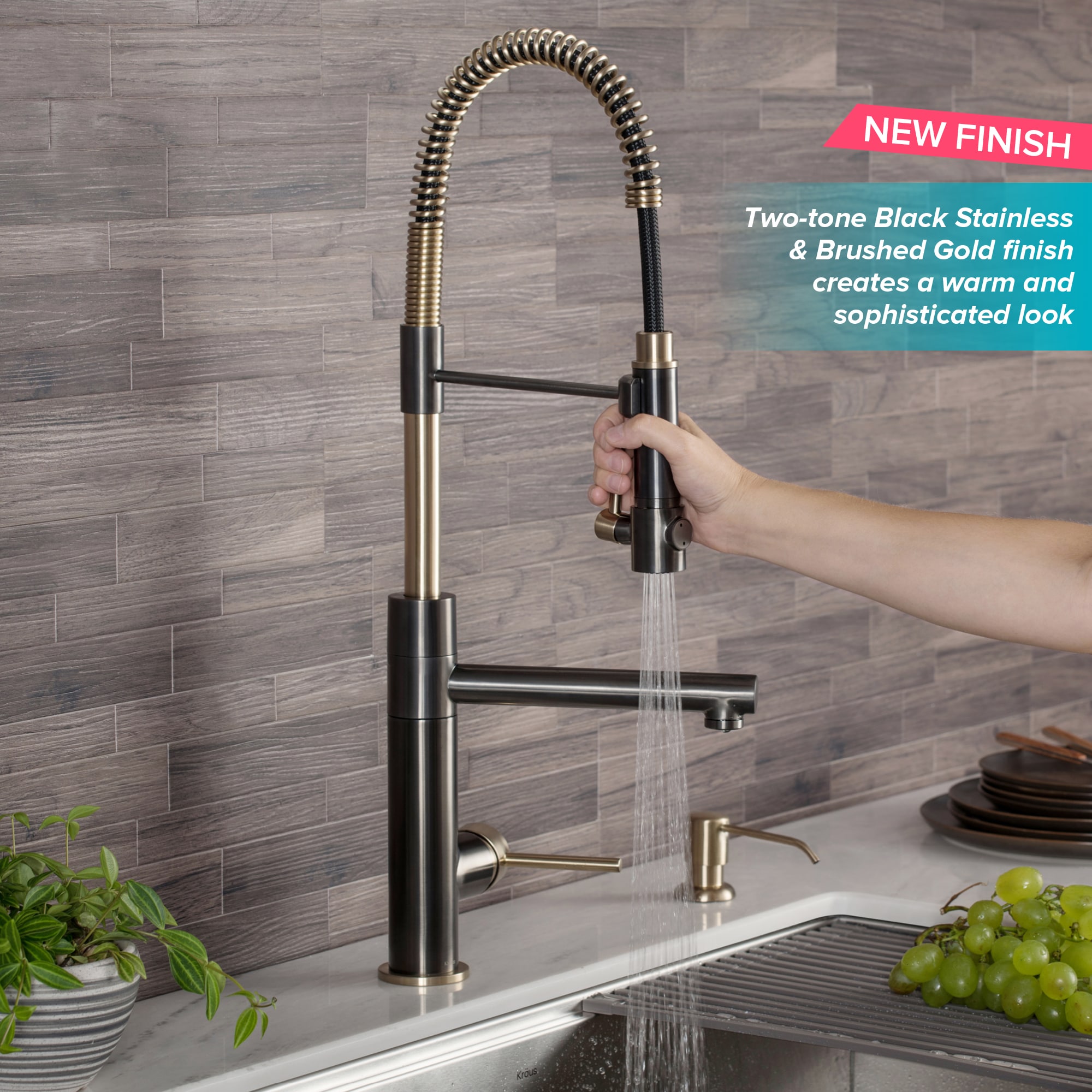 Black Stainless Steel and Brushed Gold Commercial Kitchen Faucet with Pull-Out Spray