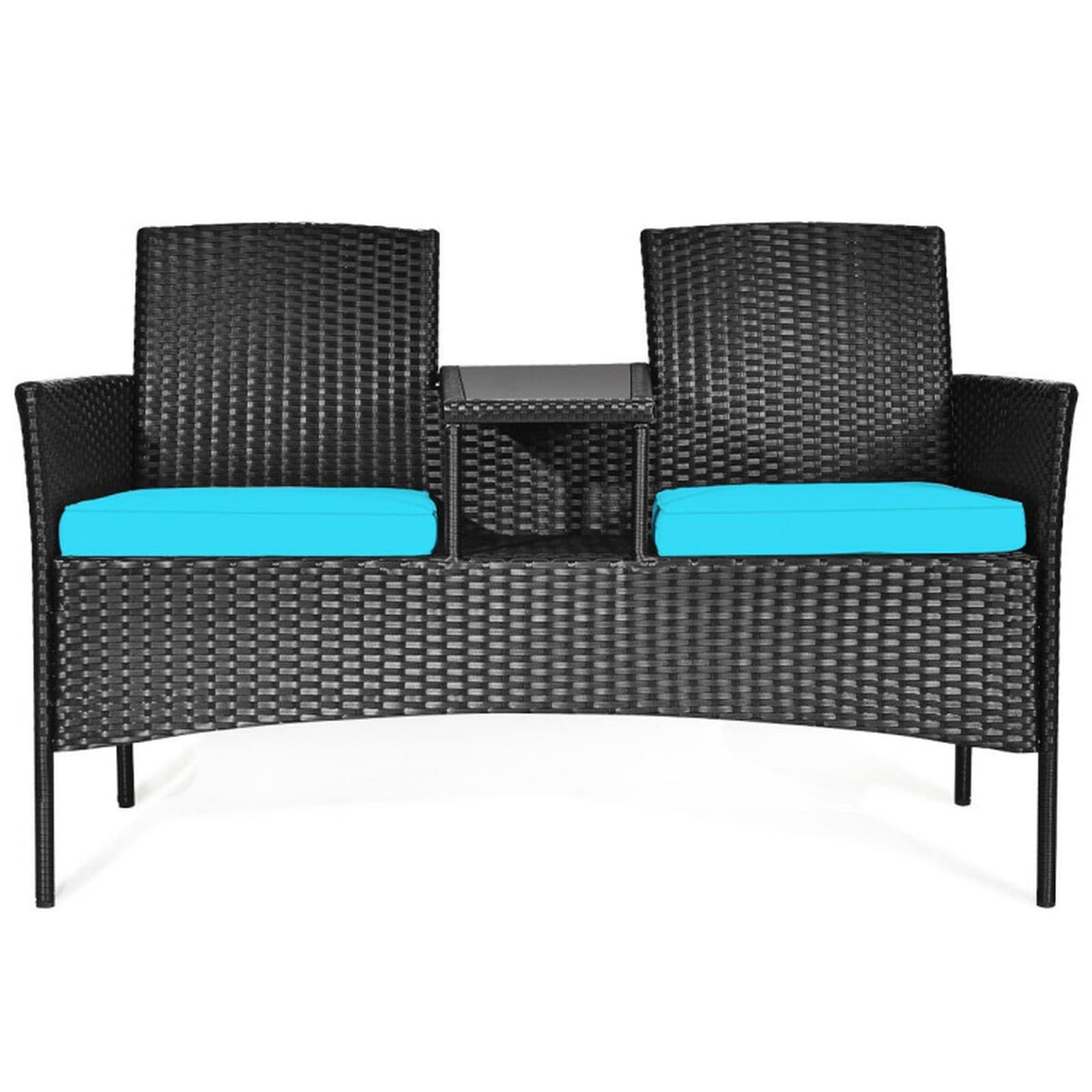 SUGIFT - 2-Seat Wicker Patio Conversation Set with Chat Table Black PE Rattan over Steel Frame 35...