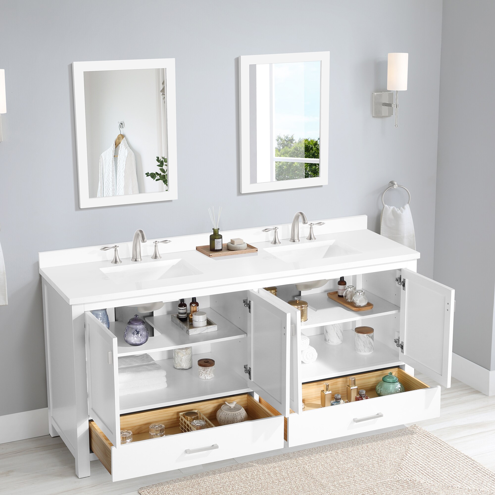 allen + roth Ronald 72-in Almond Toffee Undermount Double Sink Bathroom  Vanity with White Engineered Stone Top in Brown