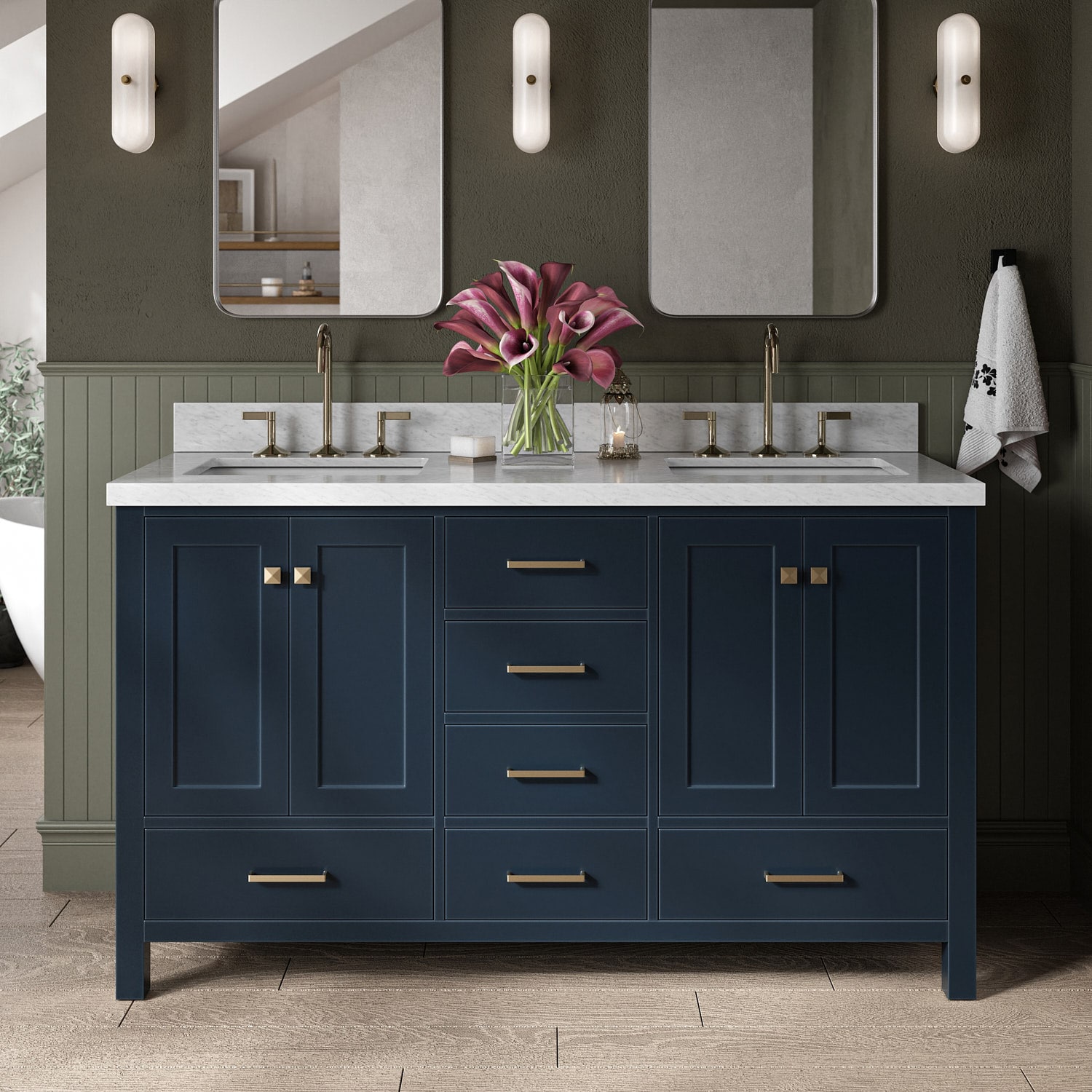 ARIEL A061DCWRVOMNB Cambridge 61-in Midnight Blue Undermount Double sink Bathroom Vanity with Carrara White Marble Natural marble Top