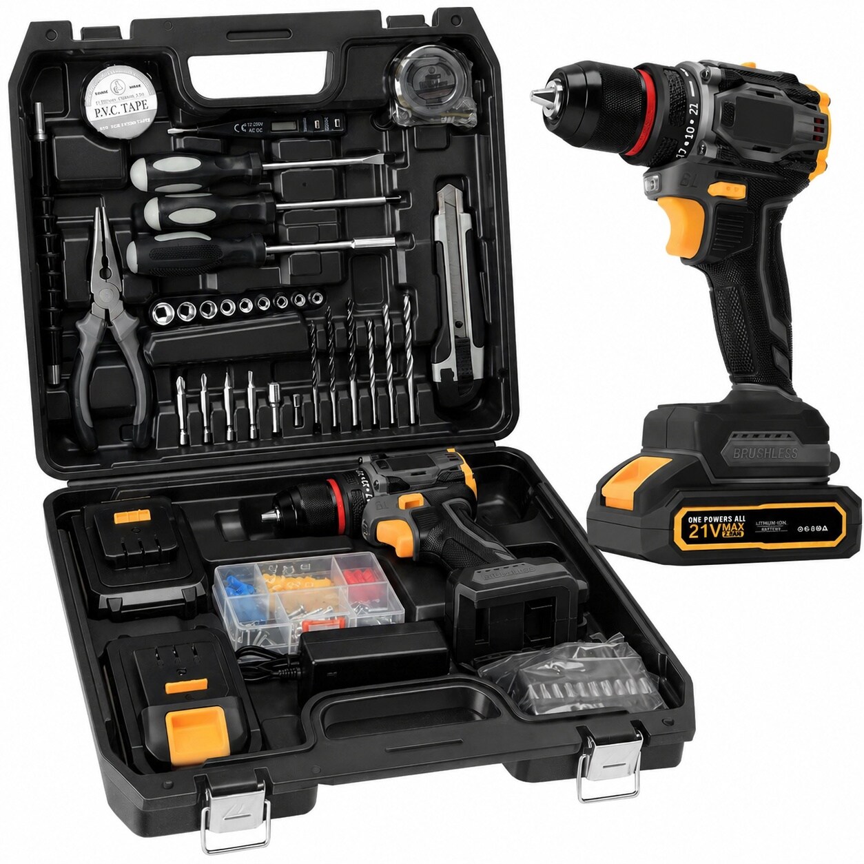Adrinfly  Cordless Drill Tool Set 21V Brushless Motor 60Nm Torque 2 power cells Portable Household Driver Case for Home Repair DIY