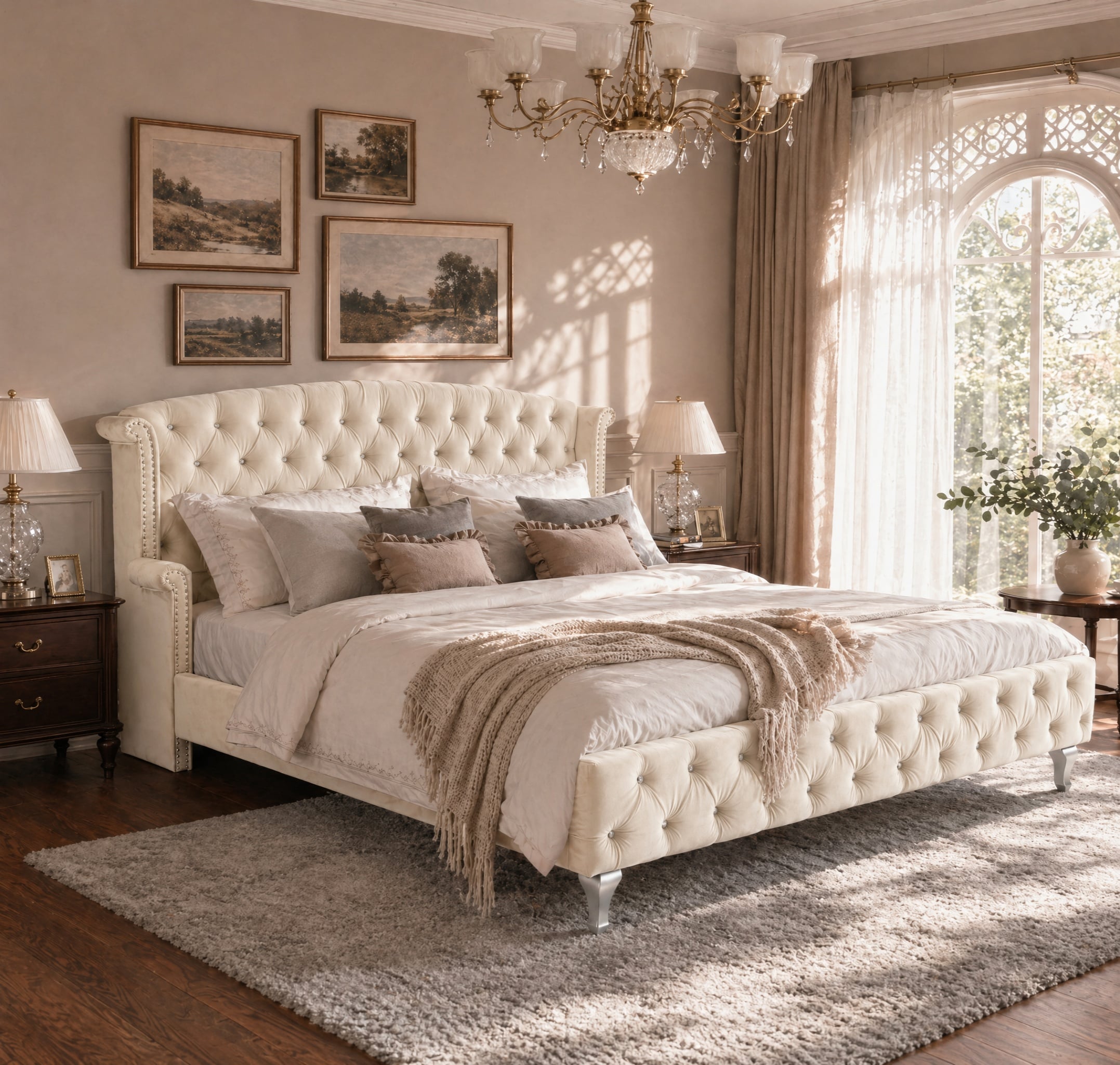 Qualler  King Size Velvet Upholstered Platform Bed Frame Wingback Headboard with Diamond Tufted and Nailhead Trim - Cream